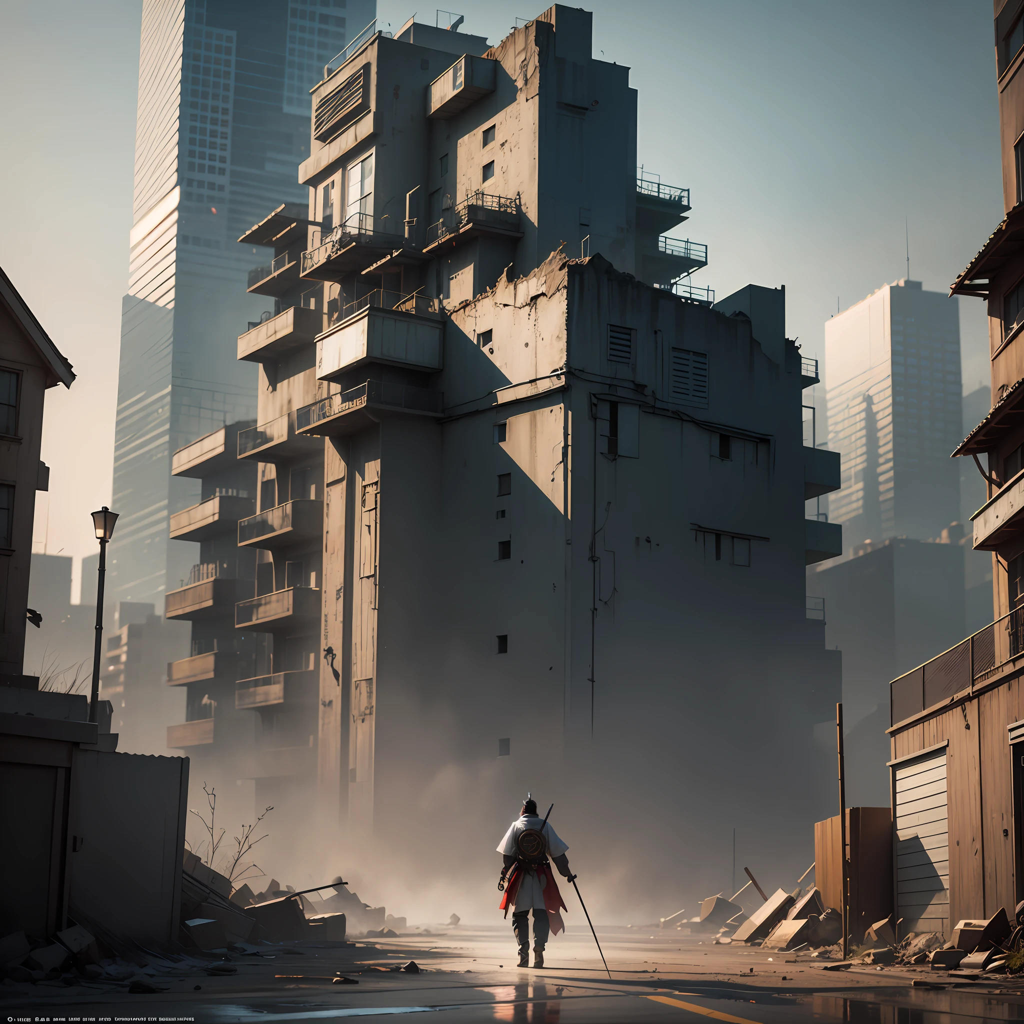 a Samurai, in the style of dystopian landscapes, unique yokai illustrations, post-apocalyptic backdrops, nightcore, gray and crimson, northern and southern dynasties, 32k uhd, 4k 35mm film, beautiful chaos, extremely detailed, professional photography, Baz Luhrmann, David Fincher, David lachapelle hyperrealistic, photoshop, 3d, 8k, no noise, moody style, The Unreal Engine, hyper - realistic textures, anti - aliasing and FKAAs ensuring every detail is crisp and clear. Post - processing and production techniques such as tone mapping, CGI, VFX, and SFX create an ultra - photorealistic, hyper - maximal effect. Depth of field and volumetric lighting, cinematic atmosphere, HDR and SSAO, photorealistic effect, every detail is super - detailed and ultra - realistic --auto --s2
