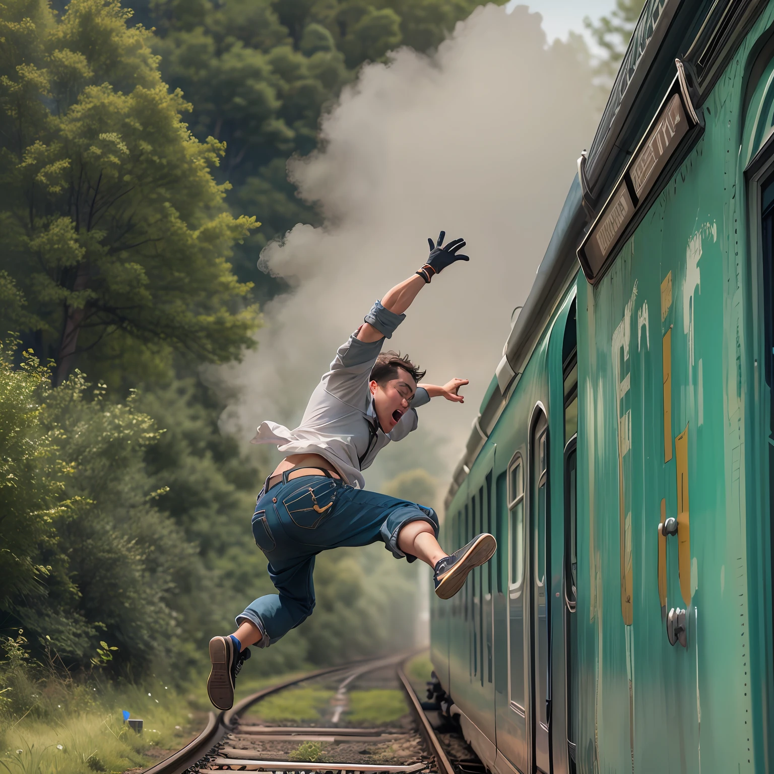 A person jumps out of a train car