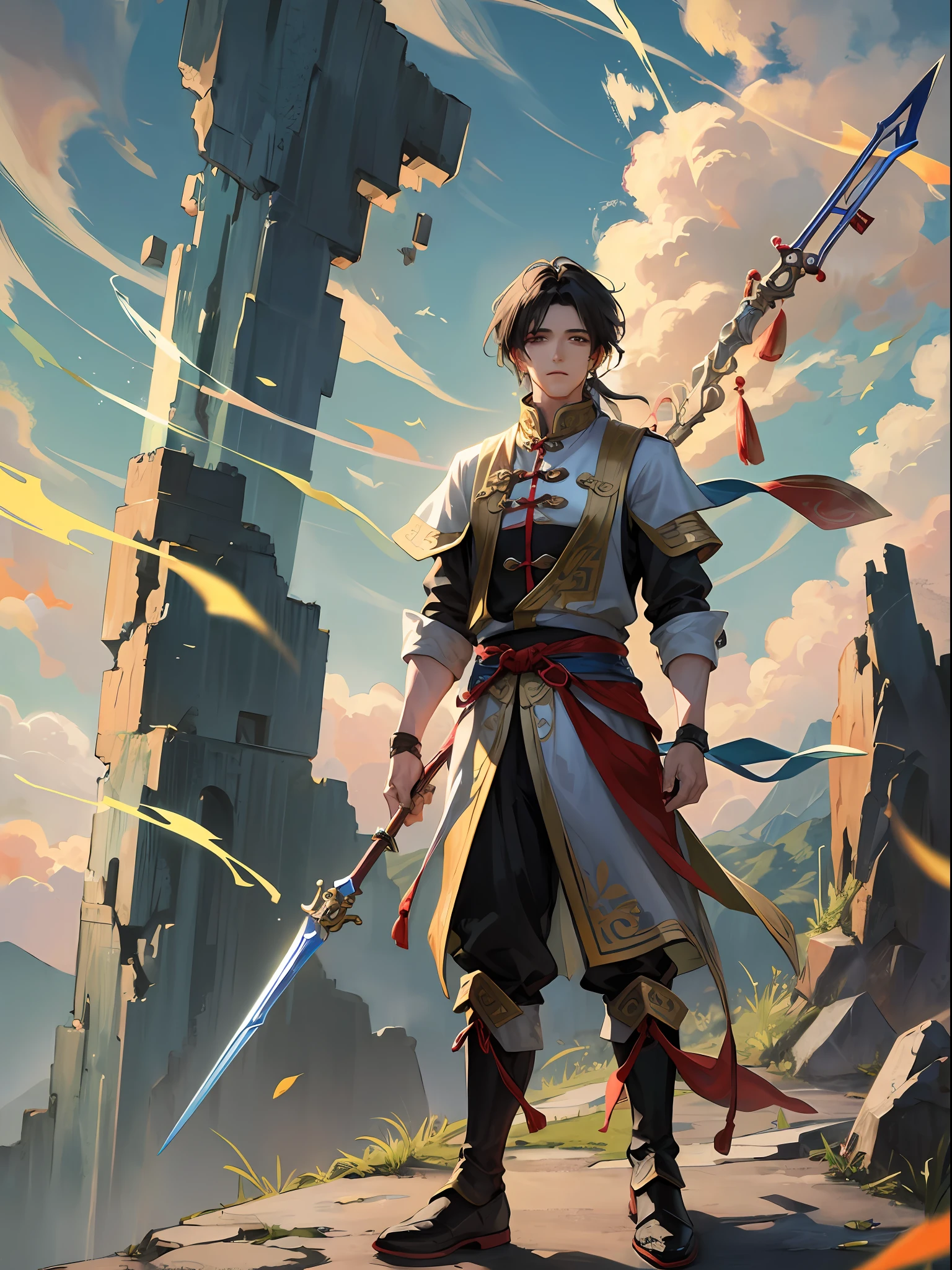 tmasterpiece，The best quality，of a guy，Short black hair，dressed in casual attire，zhao yun，Chinese spear in hand，standing atop a mountain peak