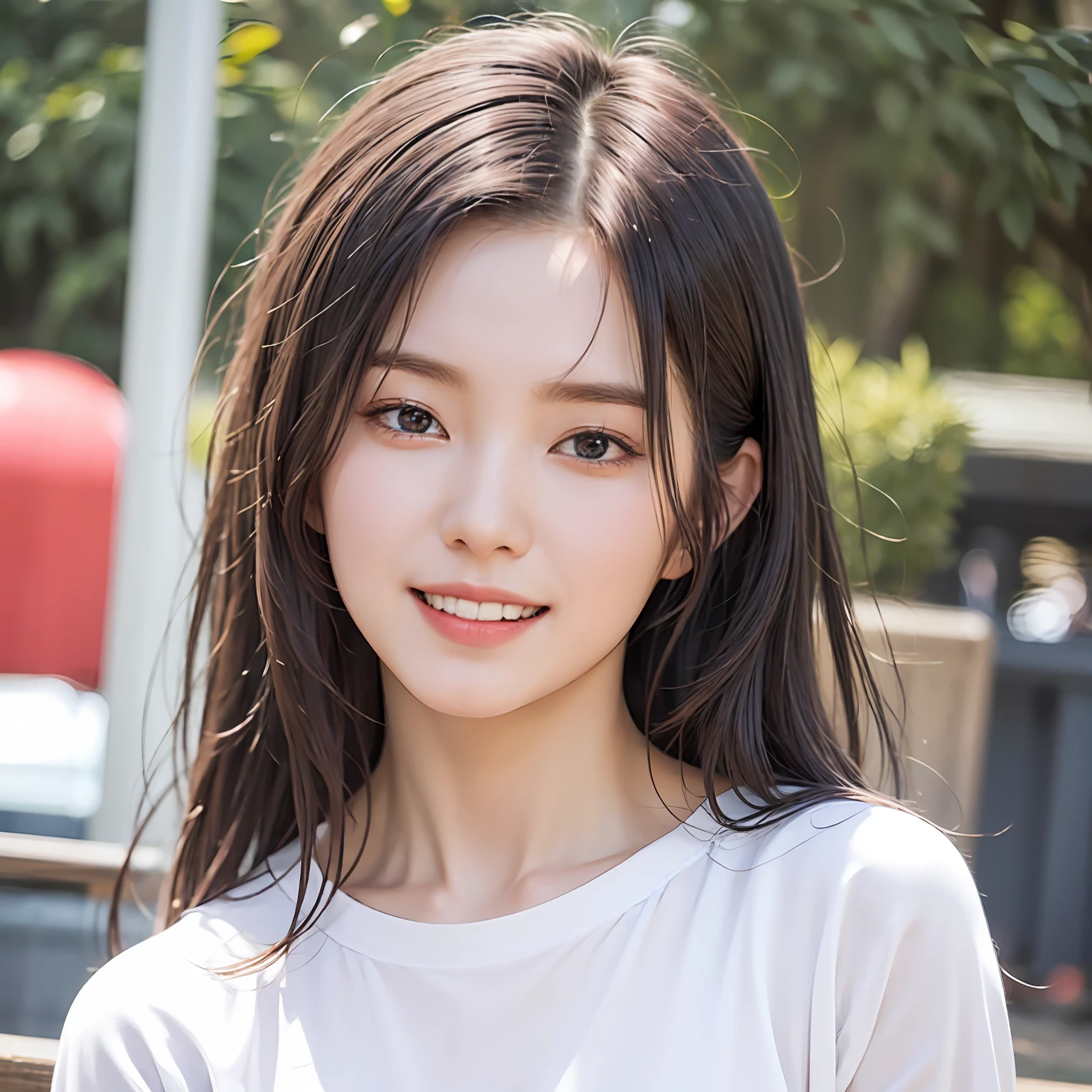 Very detailed eyes,very vey very detailed face,Best quality at best,Masterpiece,The is very detailed,ultra - detailed,(realisticlying,photographrealistic:1.3),ssmile,(facing the front there),looking at viewert,white shirt,soccer court,1girl upper body,middle breasts,Good light,The hair is dark and long,teens girl,stylish bangs,Holding a shuttlecock