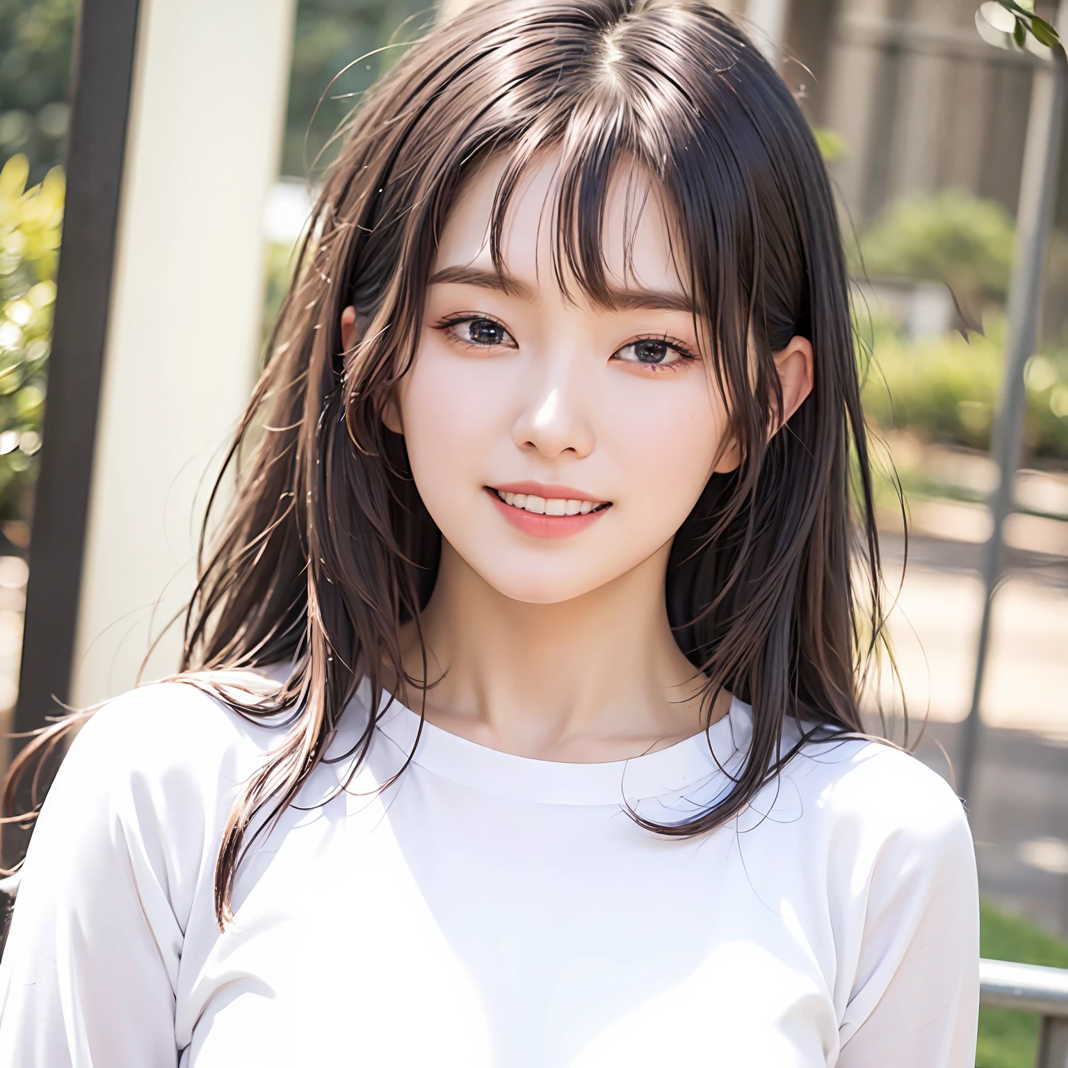 Very detailed eyes，very vey very detailed face，Best quality at best，Masterpiece，The is very detailed，ultra - detailed，（realisticlying，photographrealistic：1.3），ssmile，（facing the front there），looking at viewert，white  shirt，soccer court，1girl upper body，middle  breasts，Good light，The hair is dark and long，teens girl，stylish bangs，Holding a shuttlecock