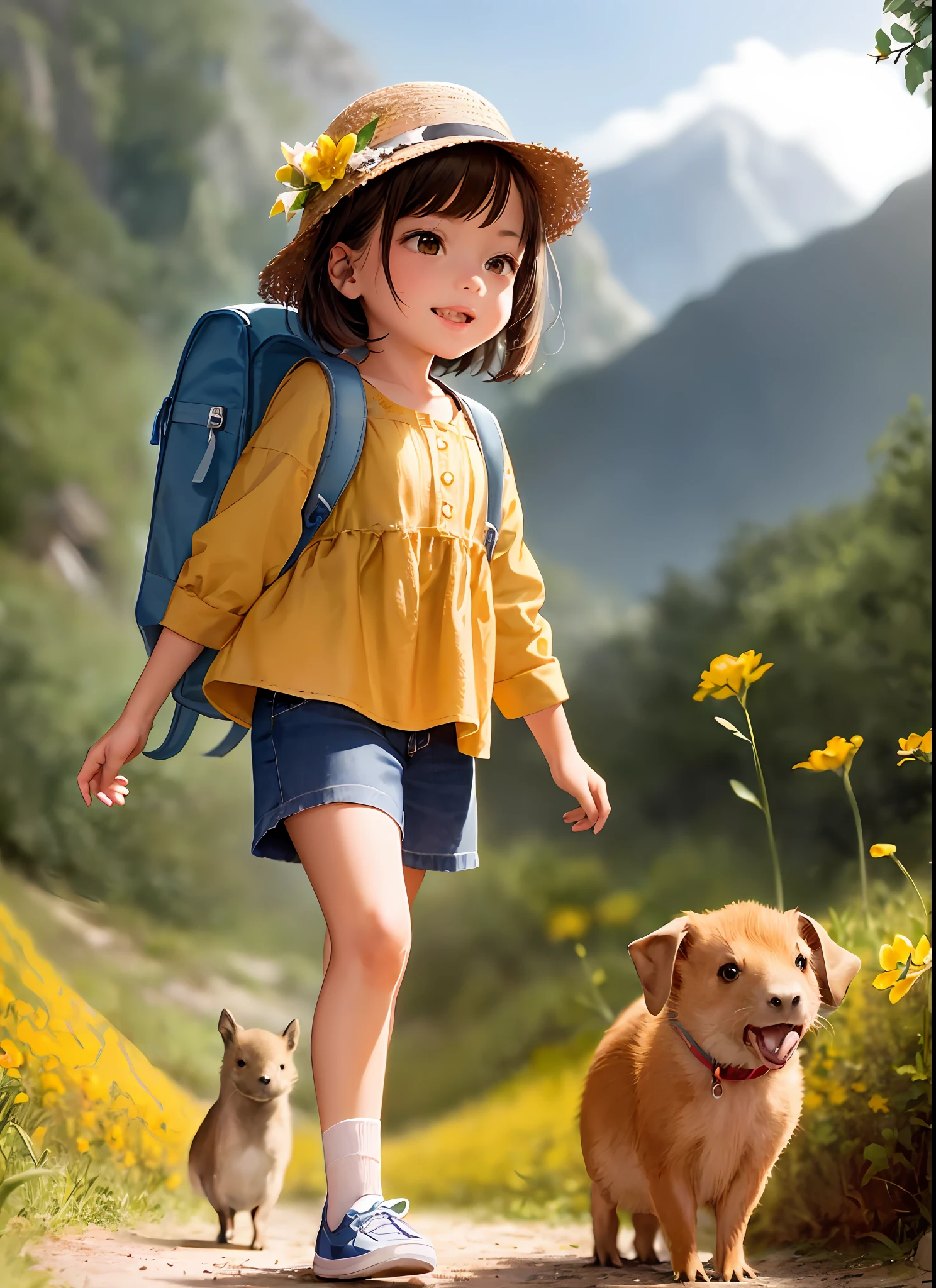 A charming little girl with a backpack is enjoying a beautiful spring walk surrounded by beautiful yellow flowers and nature meets a small capybara. The illustration is a high definition illustration in 4K resolution with highly detailed facial features and cartoon style visuals, (Butterfly Dance)