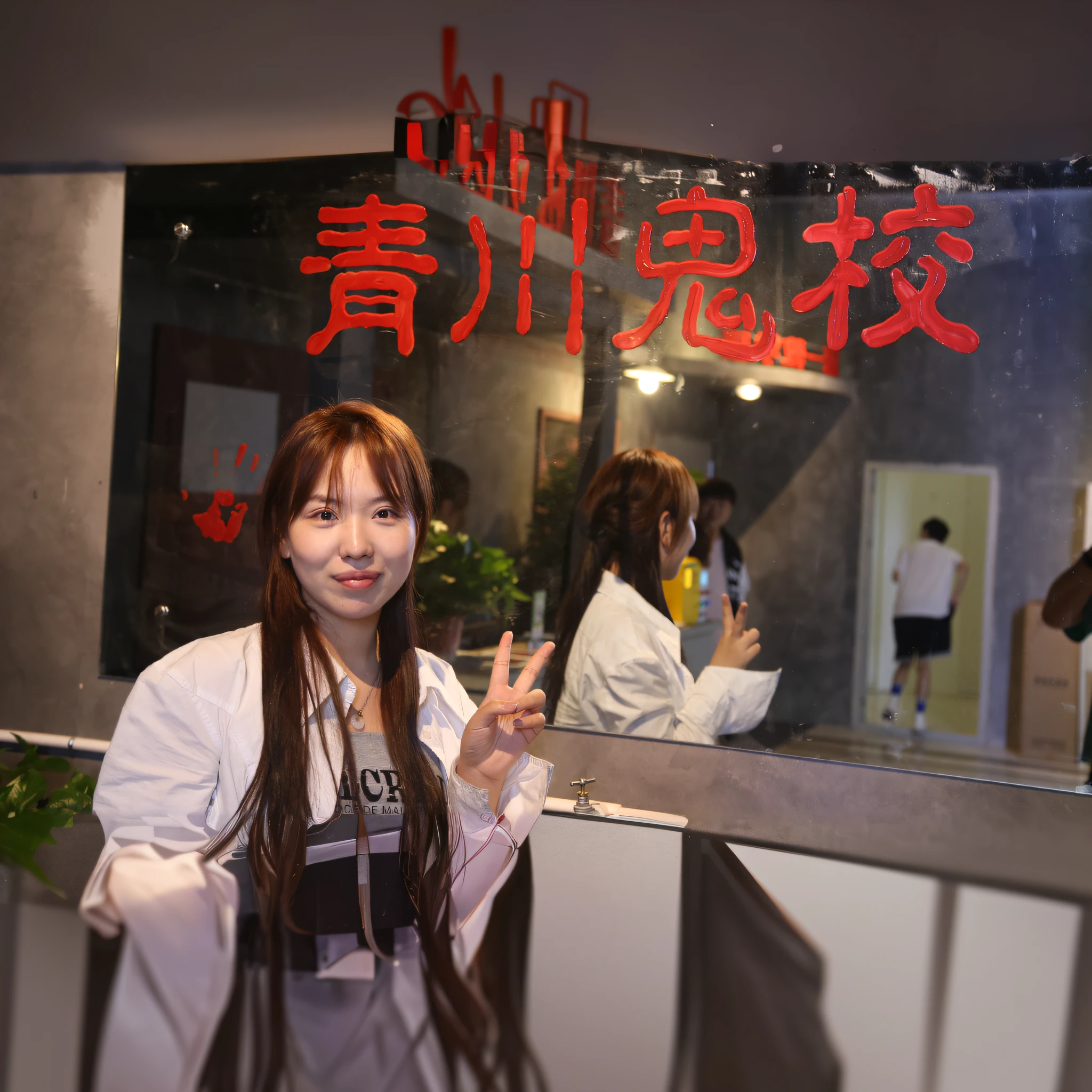 Woman in front of the mirror,It says Chinese, Lu Ji, year 2447, taken with canon 8 0 d, shaxi, very very happy!, mu pan, Li Zixin, Wu Liu, taken with a Sony A7R camera, a person standing in front of a, Yan, standing in front of a mirror, year 2 8 6 6