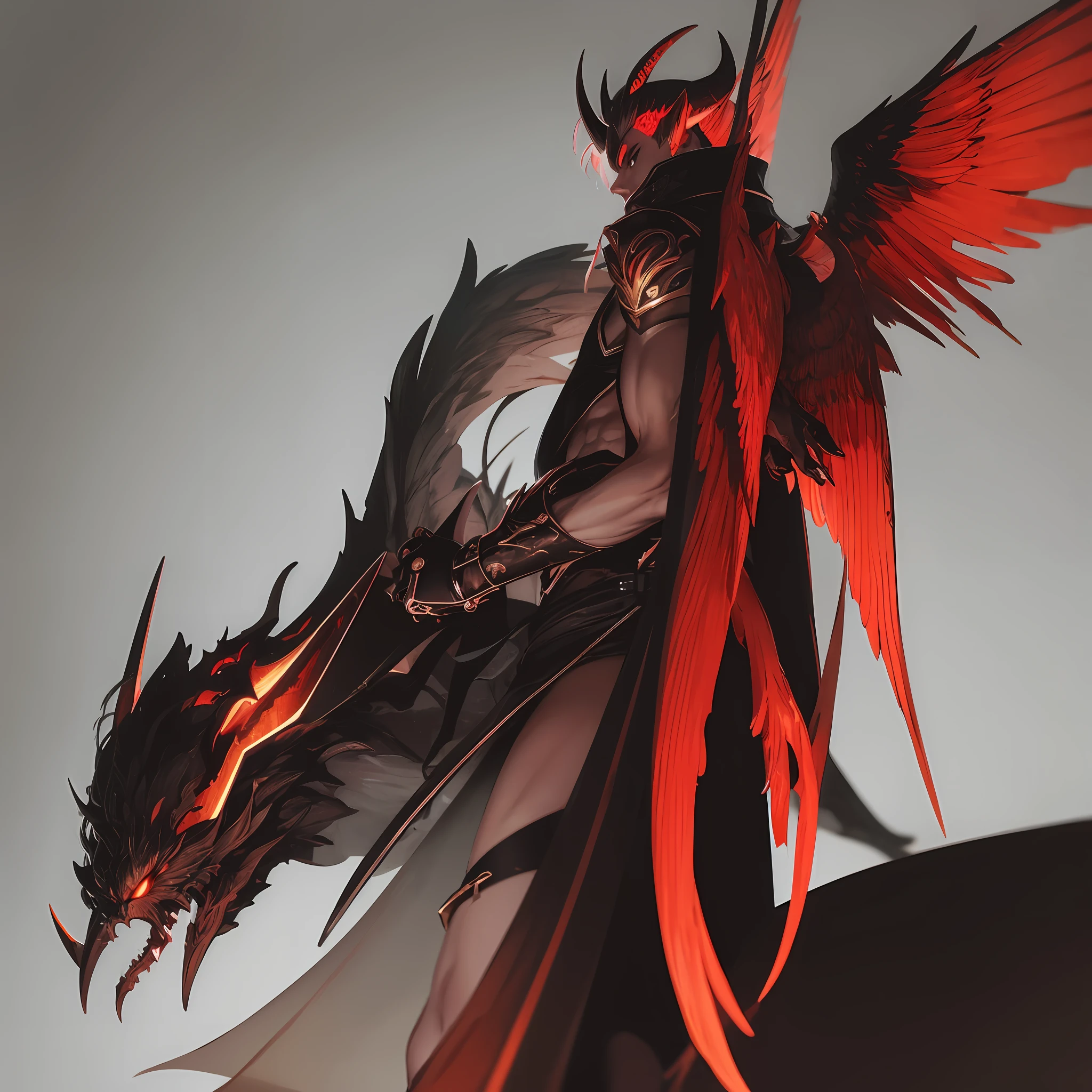 Fallen Angel Lucifer Male Has Angel Wings, but Devil's Horns Red-Black Tone Details Top Detail Sectional Work High Quality Simple and Clear Colors Highlight Lucifer's Domineering Handheld Weapon