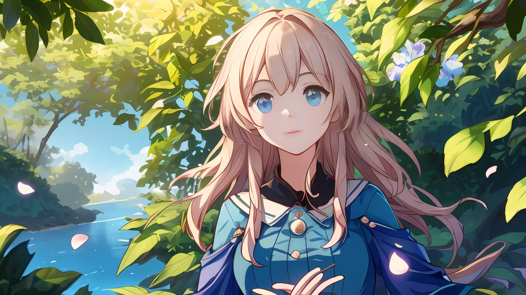 Masterpiece, best quality, (very detailed CG unity 8k wallpaper) (best quality), (best illustration), (best shadows) Nature&#39, blue sea,delicate leaves petals of various colors falling in the air light Tracking, super detailed --v6