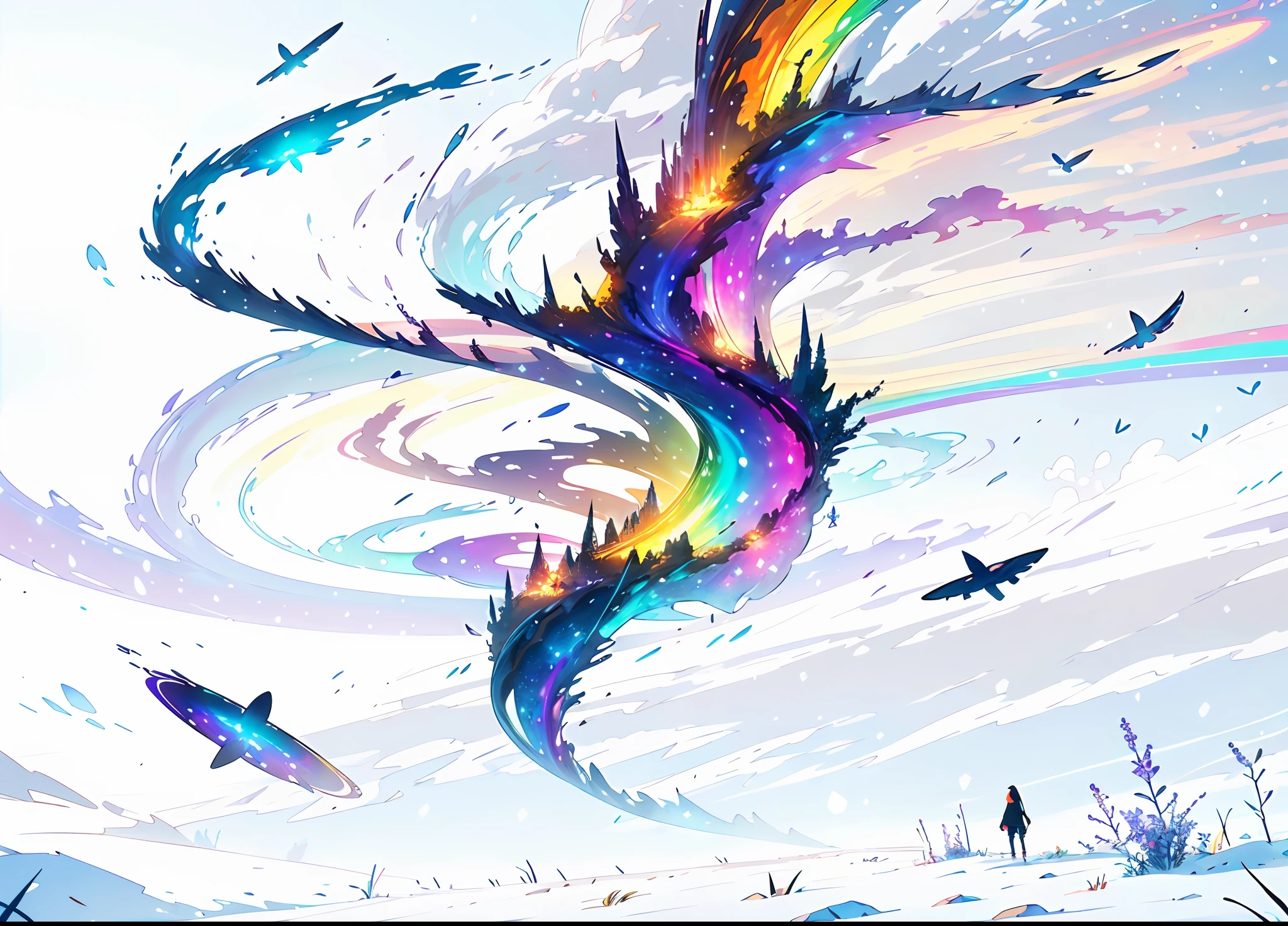 A wide landscape photo, (viewed from below, the sky is above, and the open field is below), a girl standing on a flower field looking up, (full moon: 1.2), (meteor: 0.9), (nebula: 1.3), distant mountains , Trees BREAK Crafting Art, (Warm Light: 1.2), (Firefly: 1.2), Lights, Lots of Purple and Orange, Intricate Details, Volumetric Lighting BREAK (Masterpiece: 1.2), (Best Quality), 4k, Ultra Detailed, (Dynamic Composition: 1.4), Rich in Detail and Color, (Rainbow Color: 1.2), (Glow, Atmospheric Lighting), Dreamy, Magical, (Solo: 1.2)