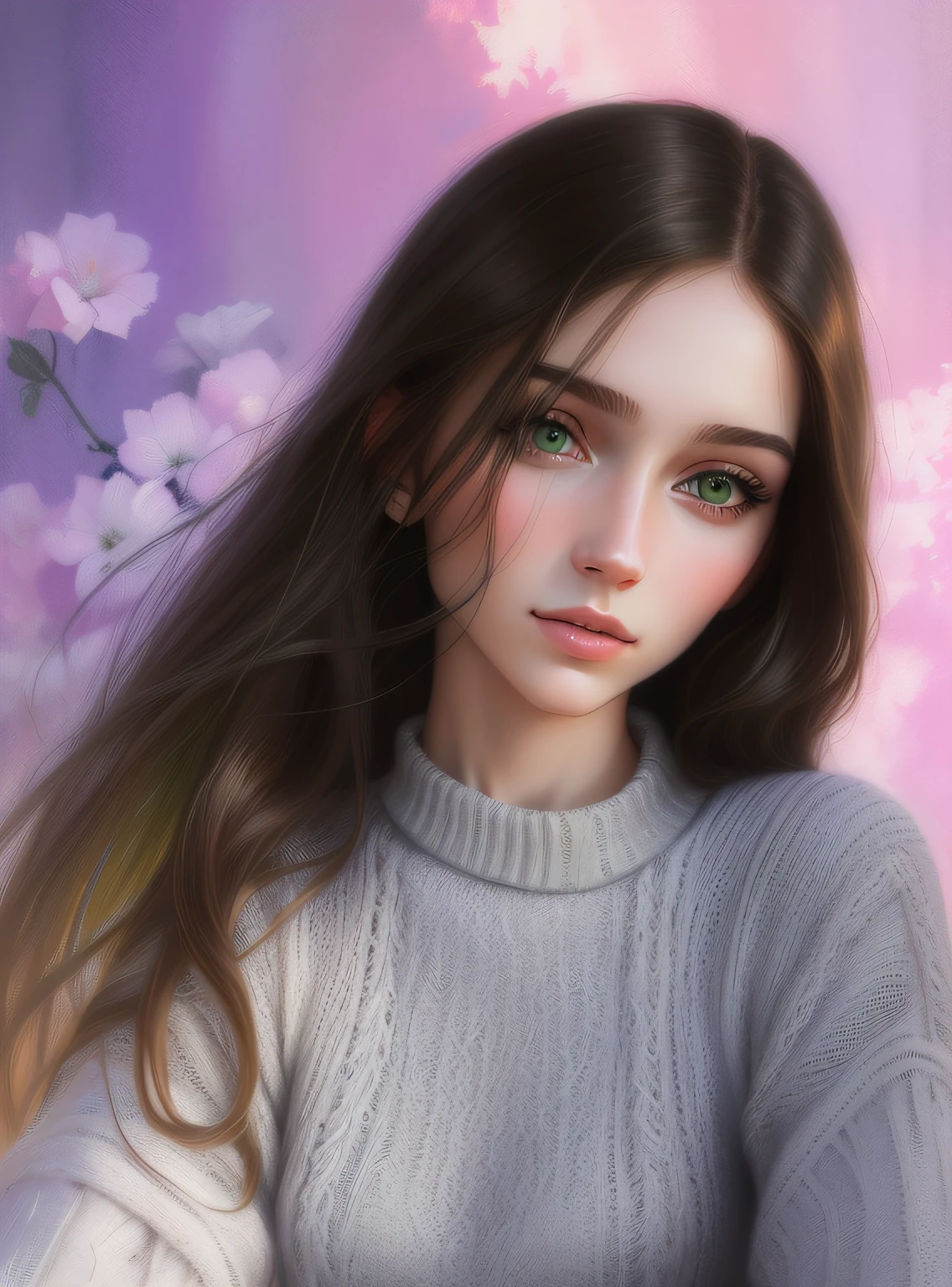 Woman with long hair and green eyes posing for a photo in a sweater, color portrait, digitalpainting, Artistic portrait of a dream, High Quality Portrait, a beautiful -aged girl, anna nikonova aka newmilky, in the art style of bowater, ekaterina, Portrait Of Girl, hyperrealistic teenalistic portrait in the style of oil painting, realism art style