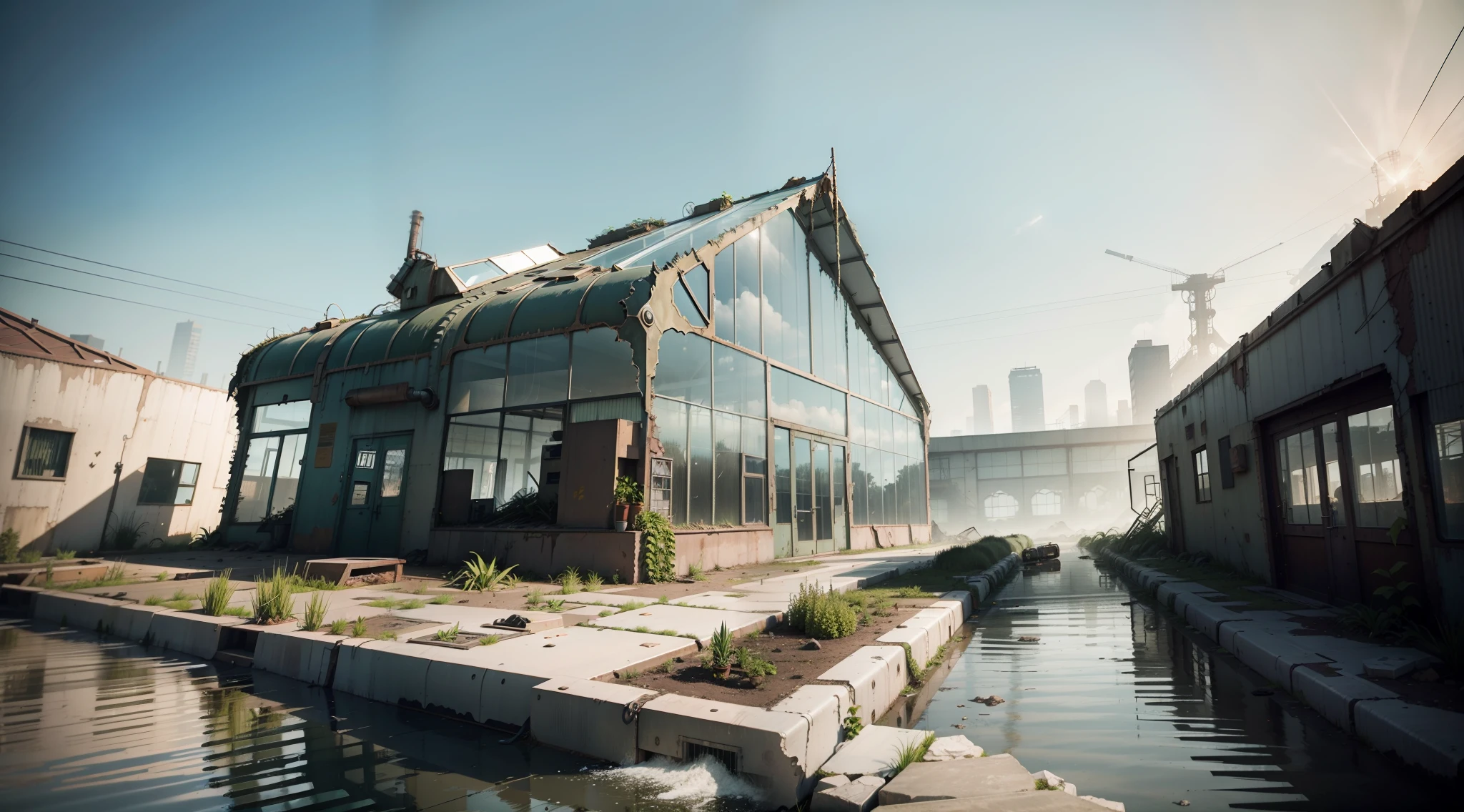 Industrial punk,Wasteland,post apocalyptic world,Dilapidated greenhouse,Glass room of plants growing wildly,Pitched roof,All-glass material,A small amount of glass breaks,Many glass-made buildings,