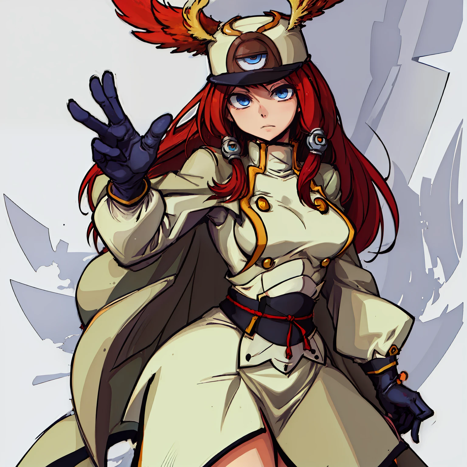 (((masterpiece, best quality, high resolution))),thick outline, 1girl, tsubakims, hair tubes, hat, gloves, uniform, cape, military uniform, head wings, blazblue, Tsubaki yayoi, heropic pose