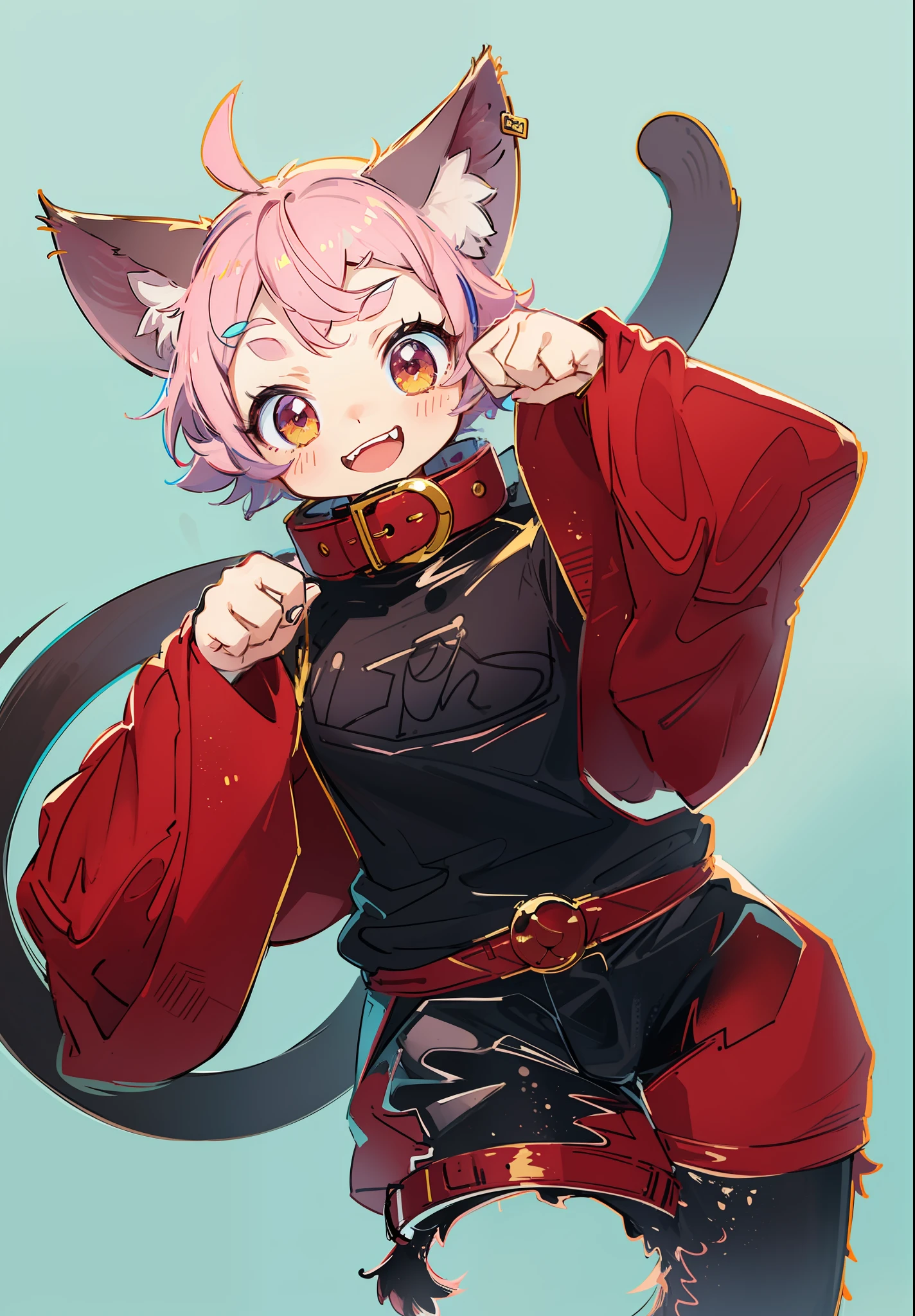 Anime characters wearing cat heads and belts, anime catgirl, cute anime catgirl, fursona wearing stylish clothes, neferpitou, Cat woman, Sora as a cat, anthro cat, anime cat, an anthro cat, high quality colorful sketch, anime style character, low res, full body portrait of a short!, wearing collar,Pink hair,Gold eyes。