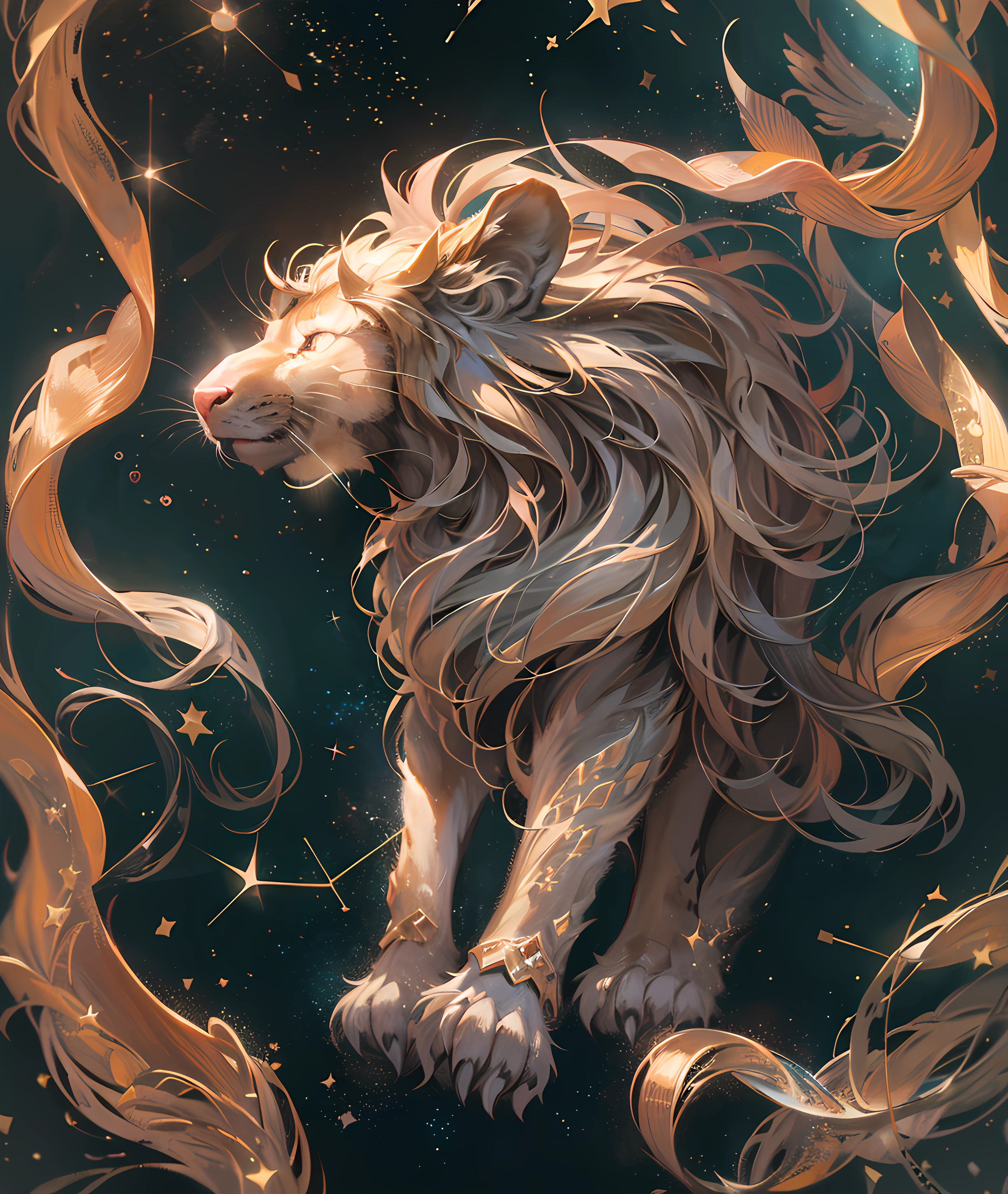sfw, best quality, high quality textures, a gorgeous representation of the constellation Leo, concept art, realistic pop out painting, 8k resolution, award winning illustration, cinematic lighting