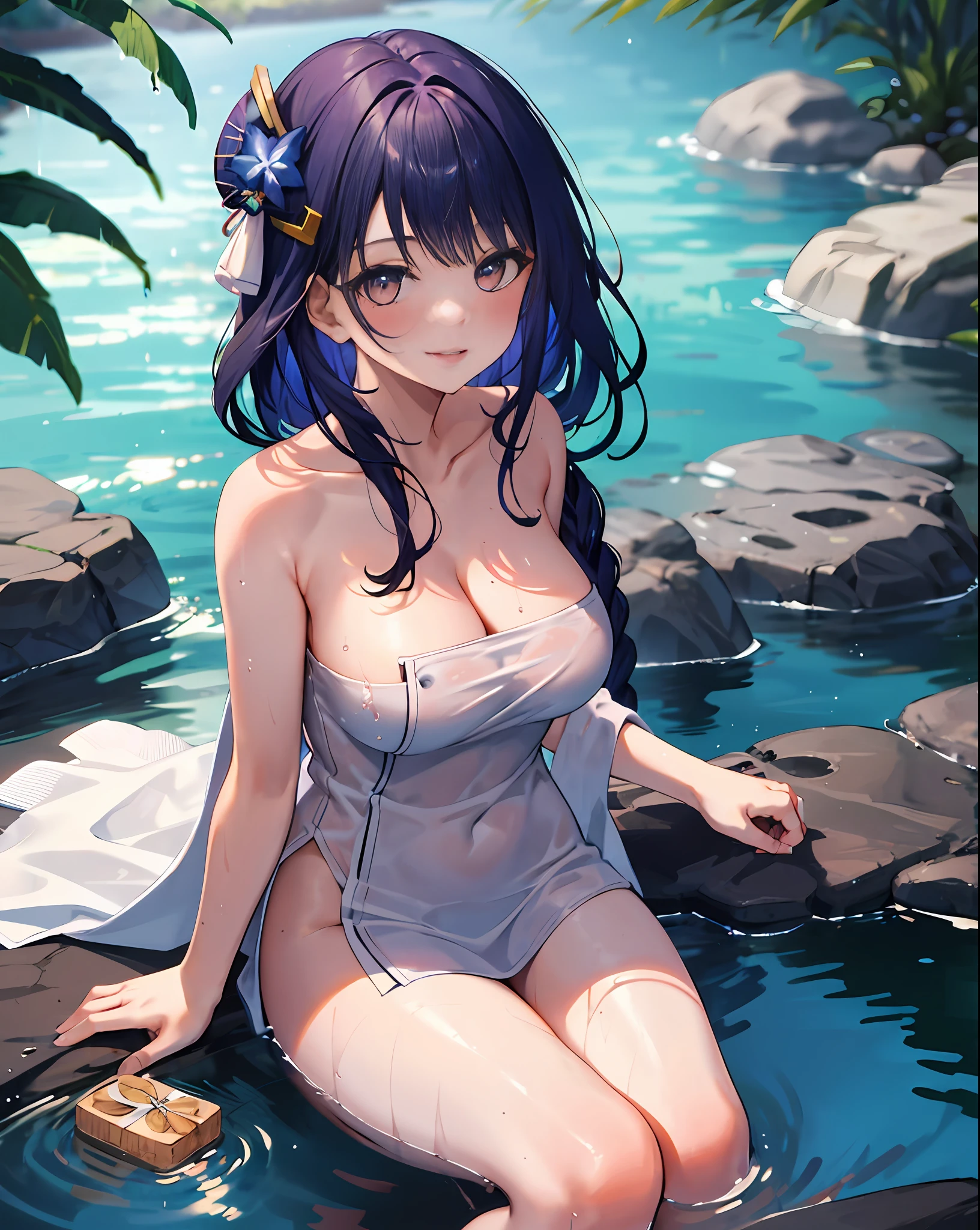 voroshilov, naked towel, 1girl, breasts,  towel, large breasts, looking at viewer, solo, onsen, cleavage, wet, sitting, water, blush, parted lips, smile, collarbone, thighs, sunlight, bathing, outdoors, rock, partially submerged,