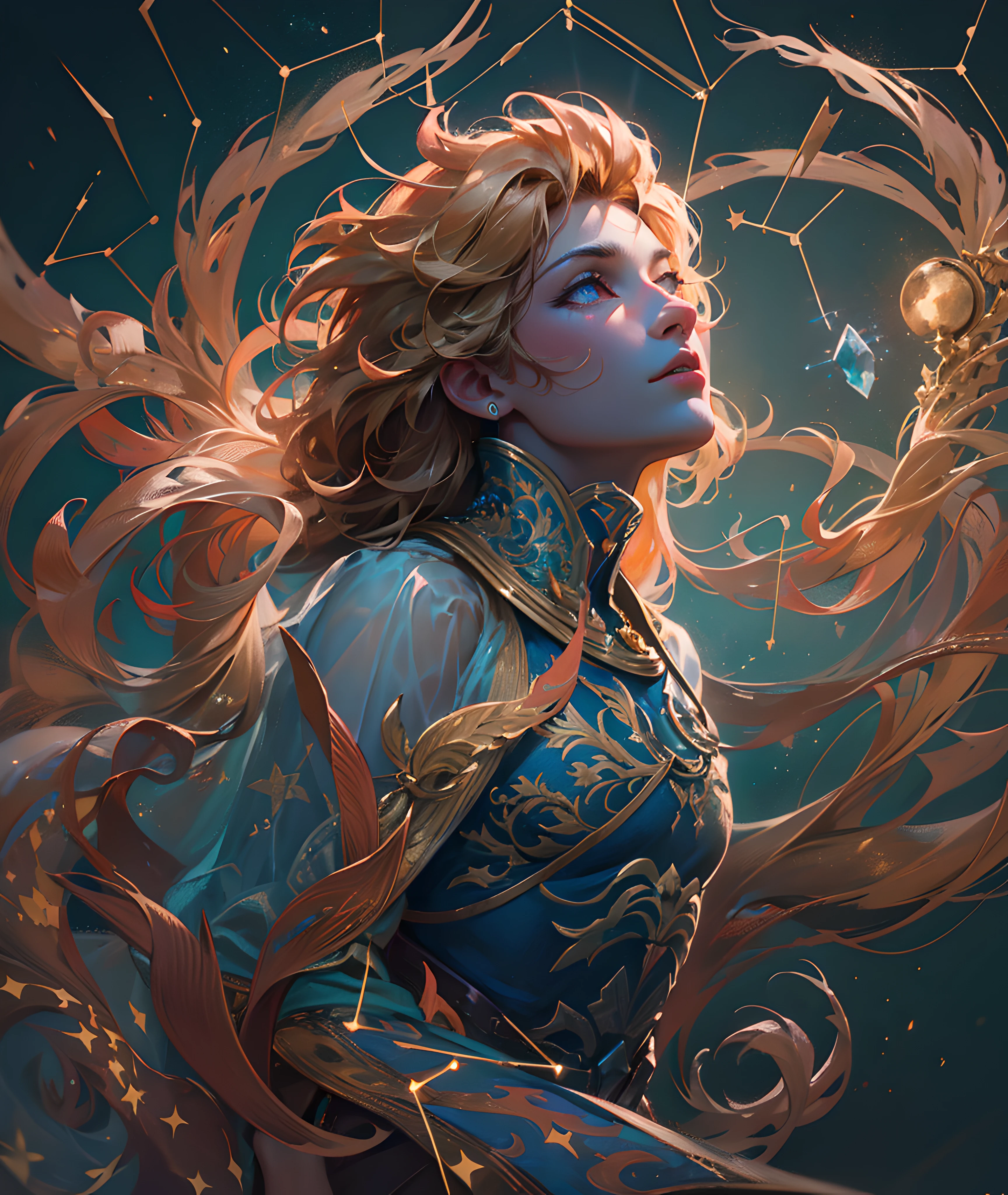 sfw, best quality, high quality textures, a gorgeous representation of the constellation Leo, concept art, realistic pop out painting, 8k resolution, award winning illustration, cinematic lighting