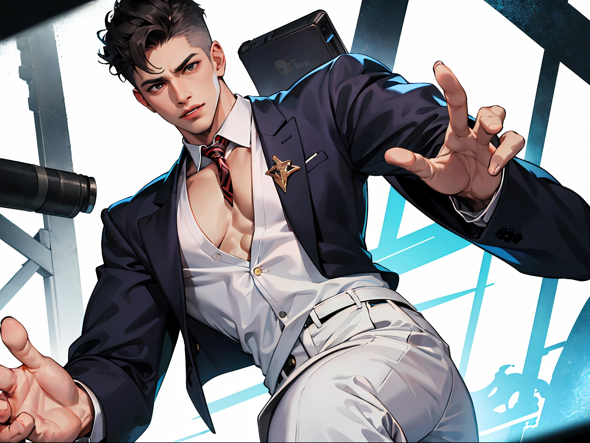 A man in a suit，rage，closeup cleavage，