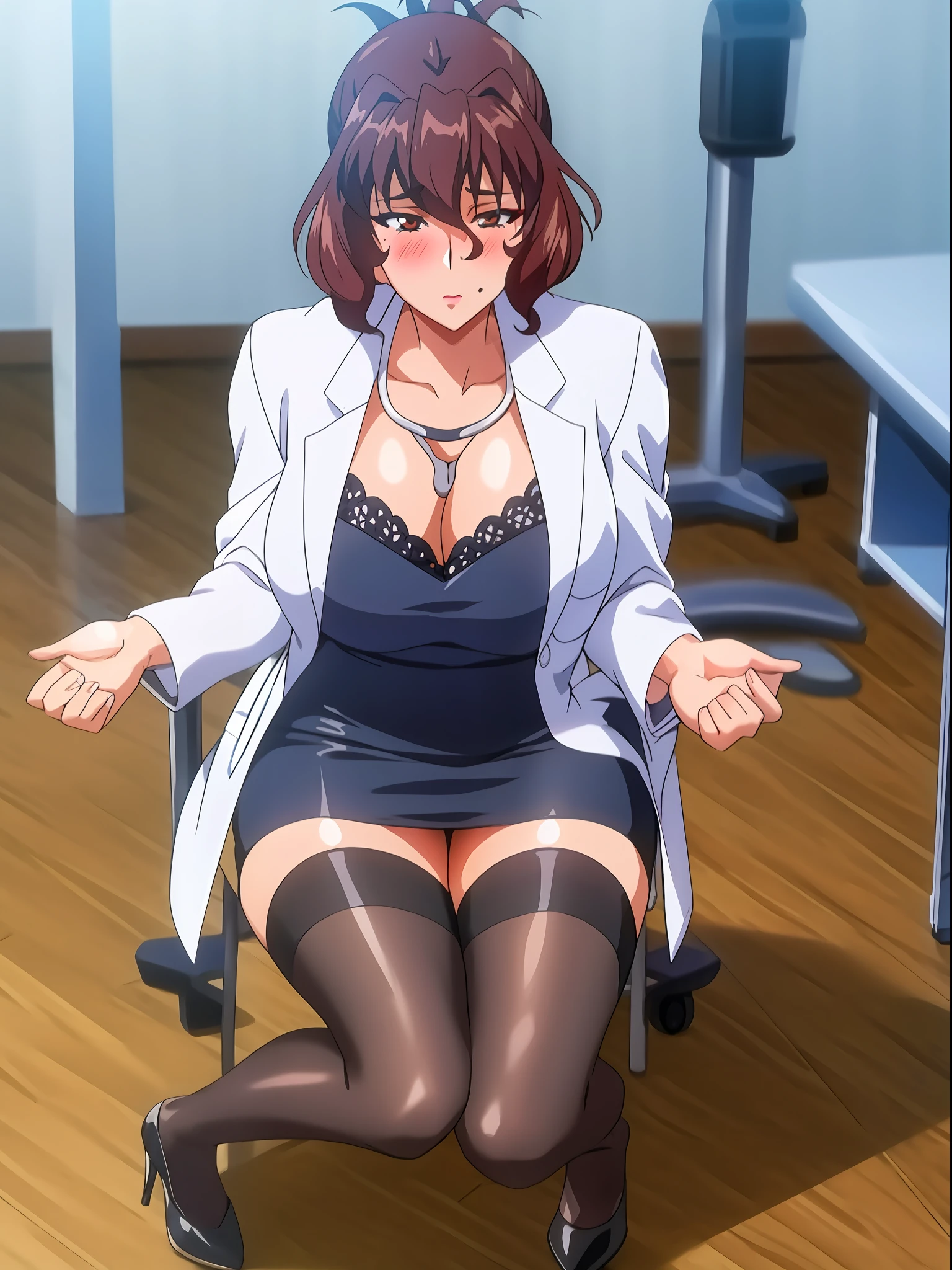 (beautiful hand:1.2), (masterpiece, best quality:1.3), Aiko Katsuragi, mature female, (full body shot:1.05), milf, (curvy:0.9), 1girl, anime face, sitting on chair, doctor, labcoat, stethoscope, short pencil skirt, (thighhighs:1.05), highheels, makeup, large breasts, lipstick, brown eyes, folded ponytail, brown hair, cleavage, perfect body, (athletic body:1.3), perfect eyes, anime eyes, smoky eyeliner, eyeshadow, perfect face, caring face, glance, blush, high sharpness, sharp focus, medical room, professional artwork, intricate details, vivid colors, Diffused lighting, digital blending, ultra detailed body, ultra detail hair, ultra detail face, trending on pixiv