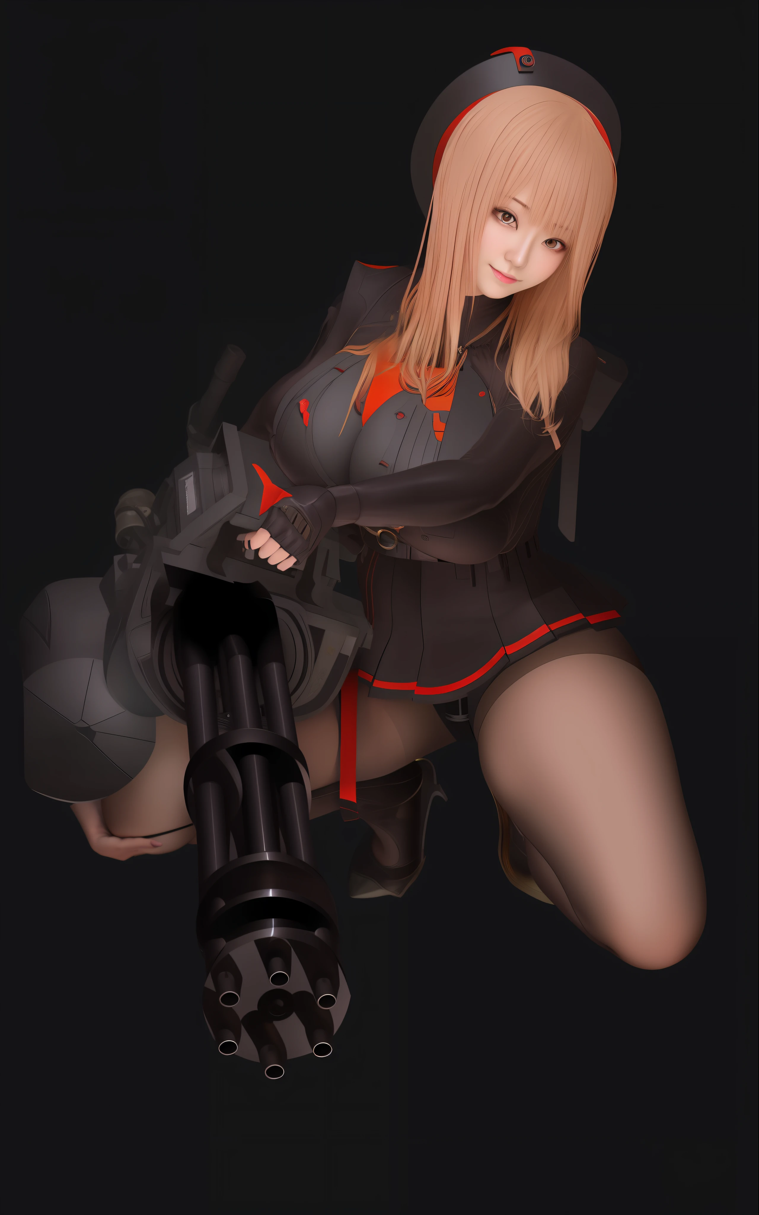 A hyper-realistic、ultra-detailliert、top-quality、hight resolution、Glamour Japan goddess in black costume with huge Gatling gun with a large magazine on the side、ultra gigantic tits、hposing Gravure Idol、Transmitted stockings、Holding the Gatling gun in the left hand