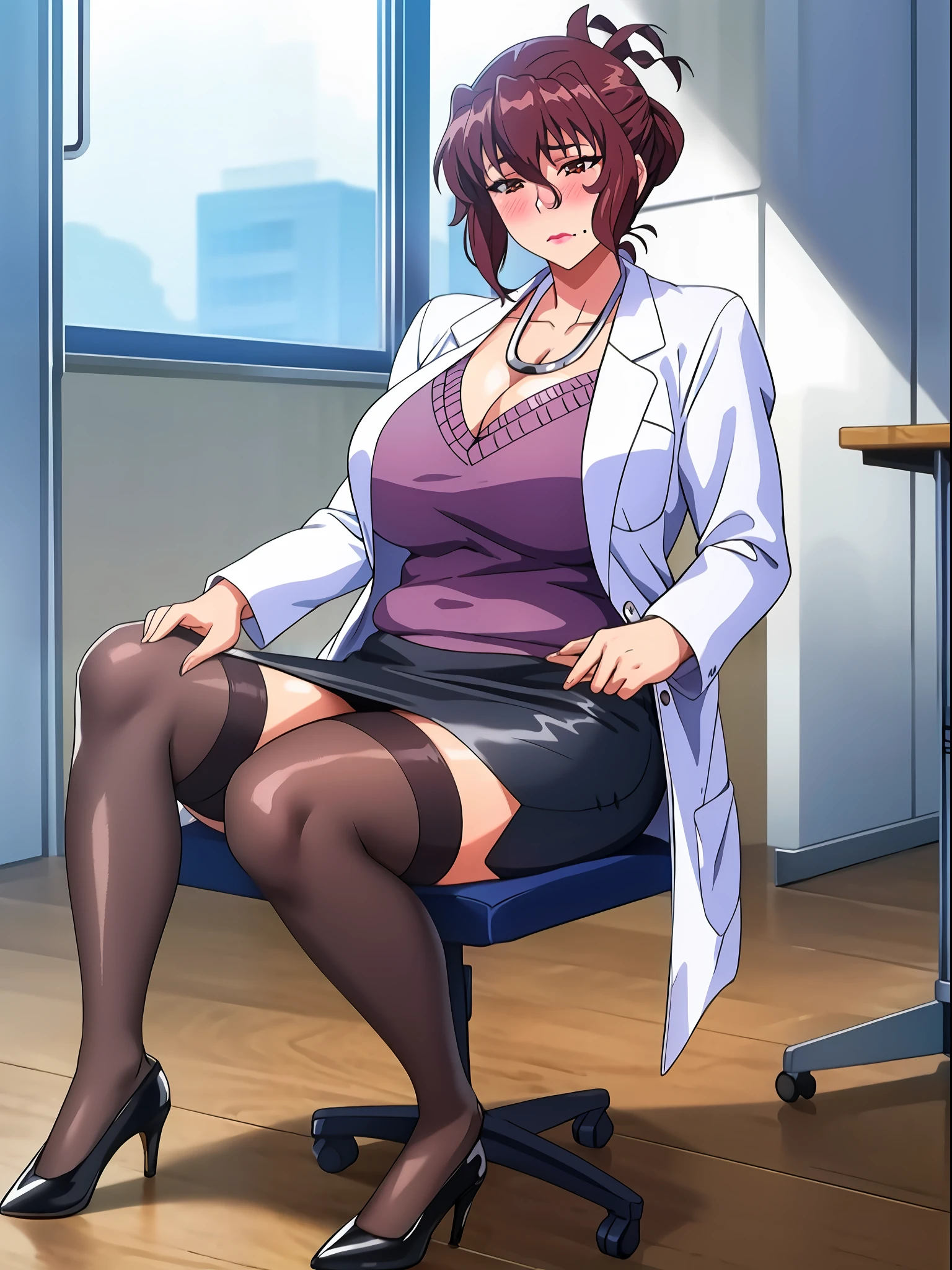 (beautiful hand:1.2), (masterpiece, best quality:1.3), Aiko Katsuragi, mature female, (full body shot:1.05), milf, (curvy:0.9), 1girl, anime face, sitting on chair, doctor, labcoat, stethoscope, short pencil skirt, (thighhighs:1.05), highheels, makeup, large breasts, lipstick, brown eyes, folded ponytail, brown hair, cleavage, perfect body, (athletic body:1.3), perfect eyes, anime eyes, smoky eyeliner, eyeshadow, perfect face, caring face, glance, blush, high sharpness, sharp focus, medical room, professional artwork, intricate details, vivid colors, Diffused lighting, digital blending, ultra detailed body, ultra detail hair, ultra detail face, trending on pixiv