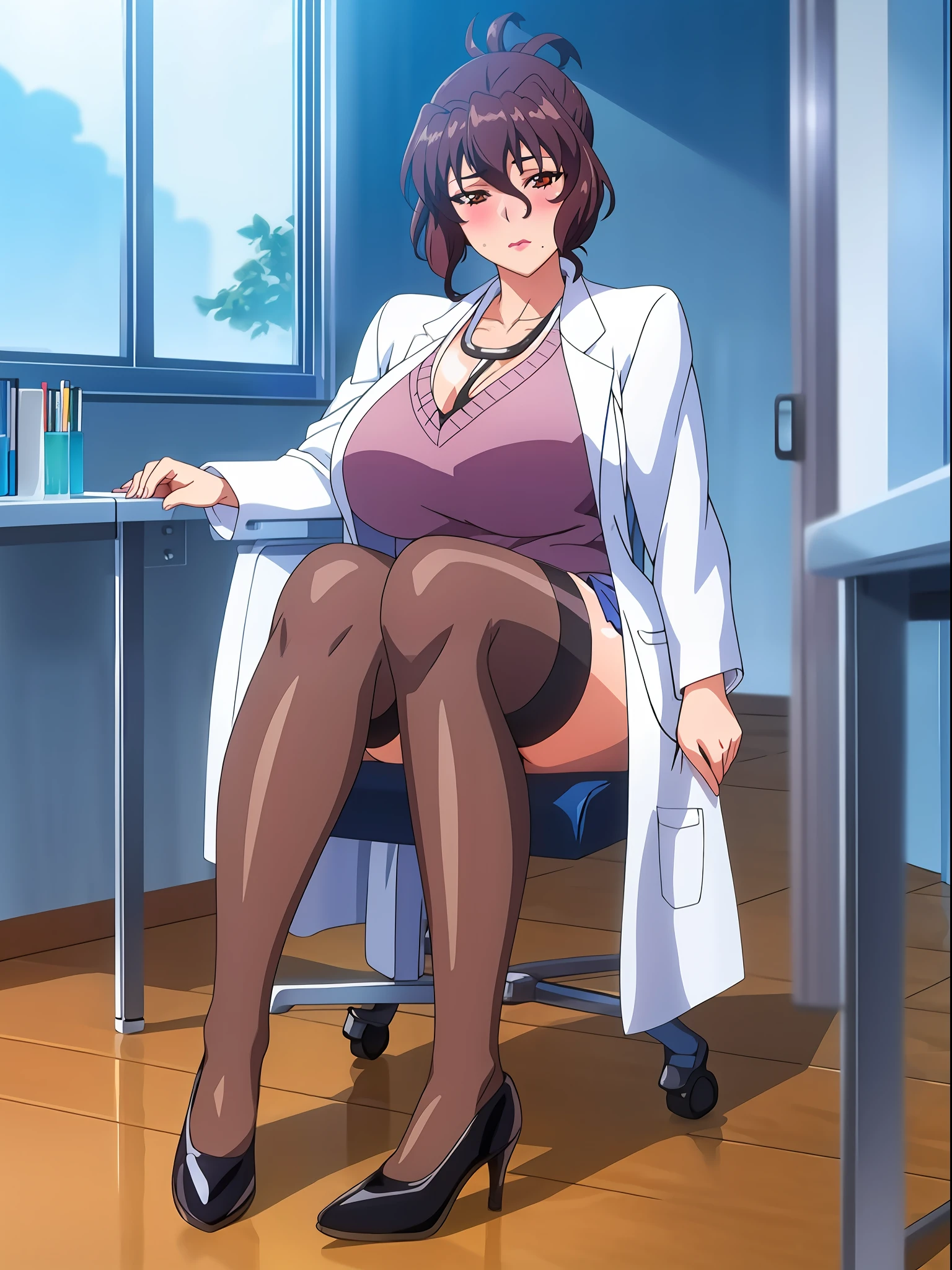 (beautiful hand:1.2), (masterpiece, best quality:1.3), Aiko Katsuragi, mature female, (full body shot:1.05), milf, (curvy:0.9), 1girl, anime face, sitting on chair, doctor, labcoat, stethoscope, short pencil skirt, (thighhighs:1.05), highheels, makeup, large breasts, lipstick, brown eyes, folded ponytail, brown hair, cleavage, perfect body, (athletic body:1.3), perfect eyes, anime eyes, smoky eyeliner, eyeshadow, perfect face, caring face, glance, blush, high sharpness, sharp focus, medical room, professional artwork, intricate details, vivid colors, Diffused lighting, digital blending, ultra detailed body, ultra detail hair, ultra detail face, trending on pixiv