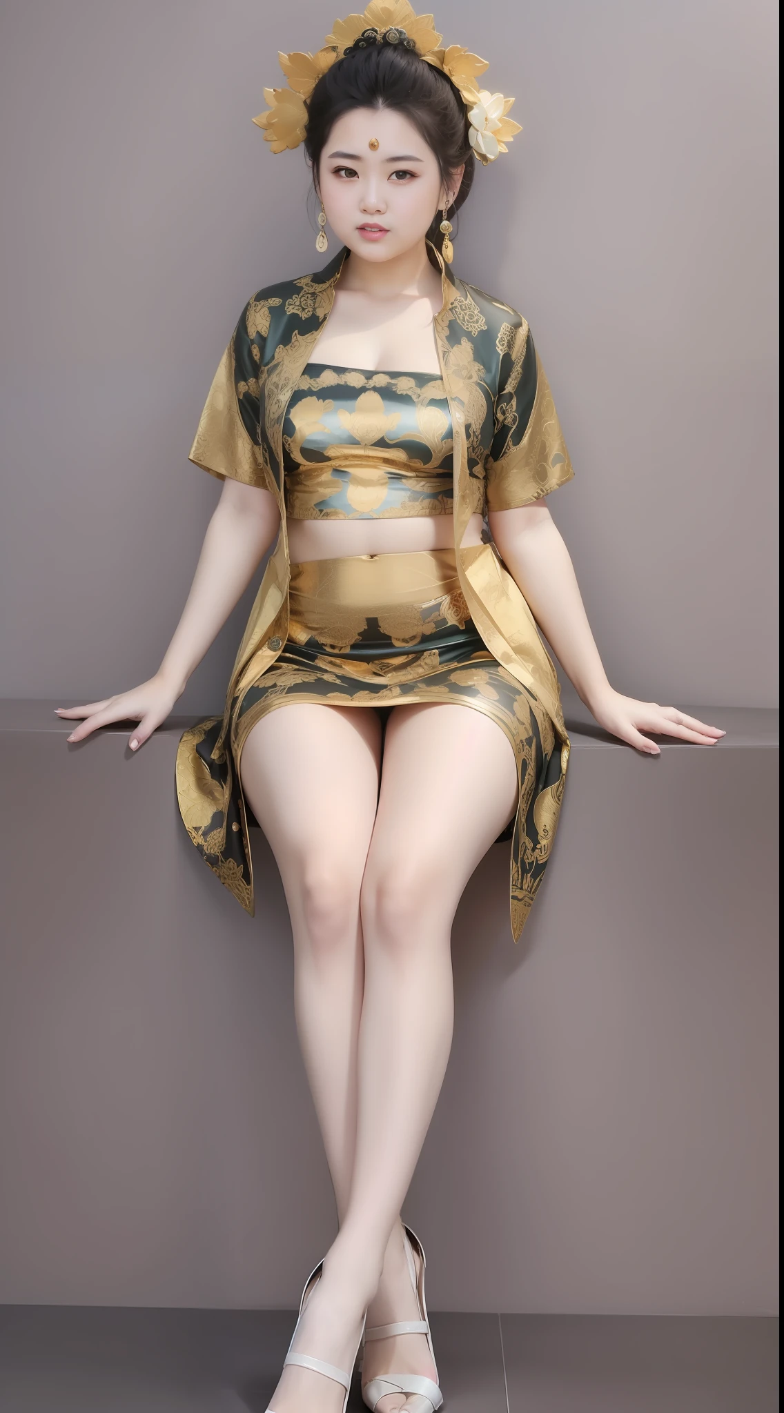 Fat Chubby,Super fat,Guanyin Bodhisattva,Lotus seat,Tall, big and cute girl, Iridescence T-shirt+Iridescence skirt, symmetrical, tall, fat and cute girls, models, red high-heeled leather shoes 👠, Height 180cm, long legs, low angle shooting