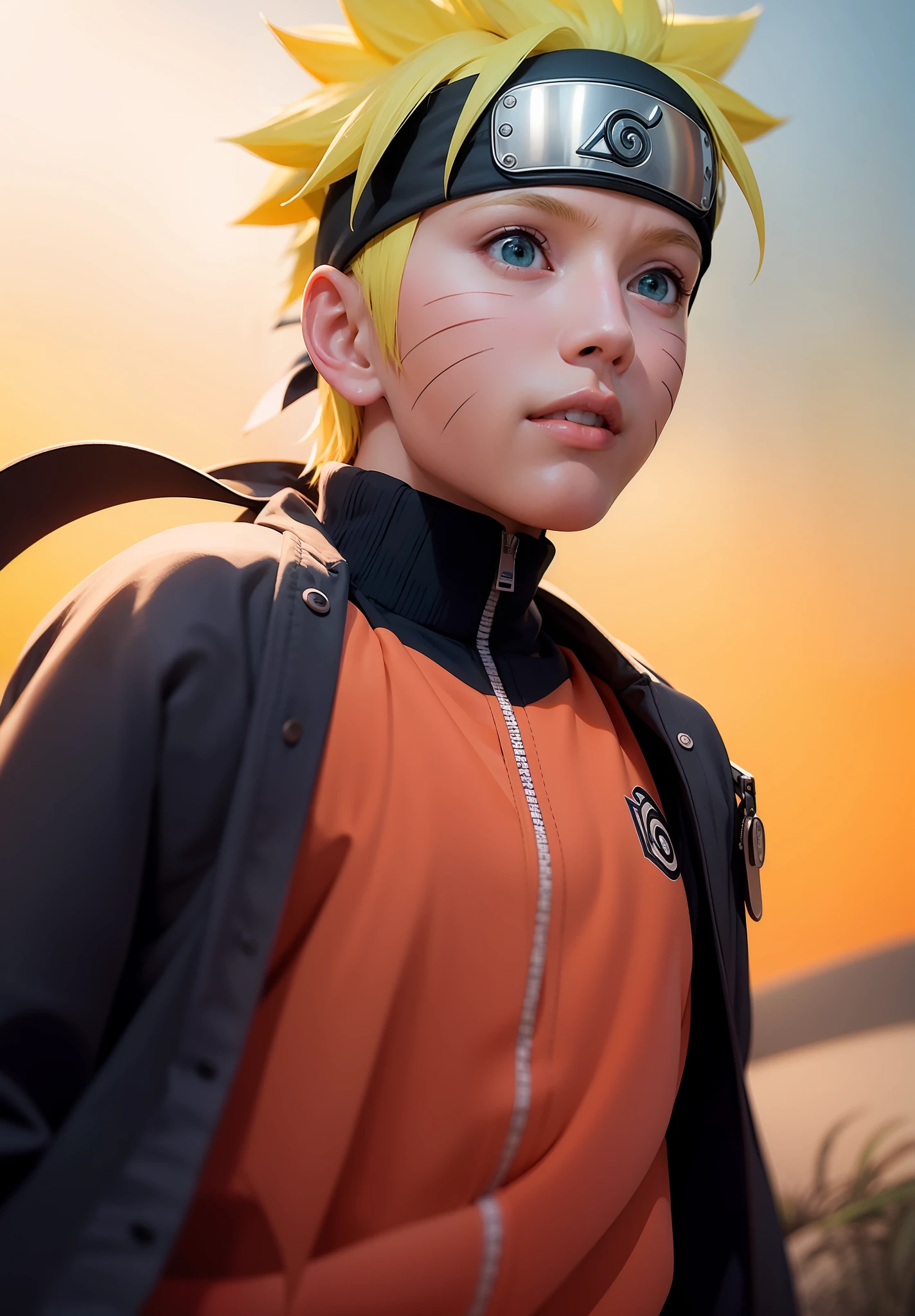 Imagem de corpo inteiro, uzumaki naruto, 1boy, obra-prima, melhor qualidade, olhando para o espectador, camisa laranja, luz do sol, Novel illustration, 4k, fotografia 35mm.