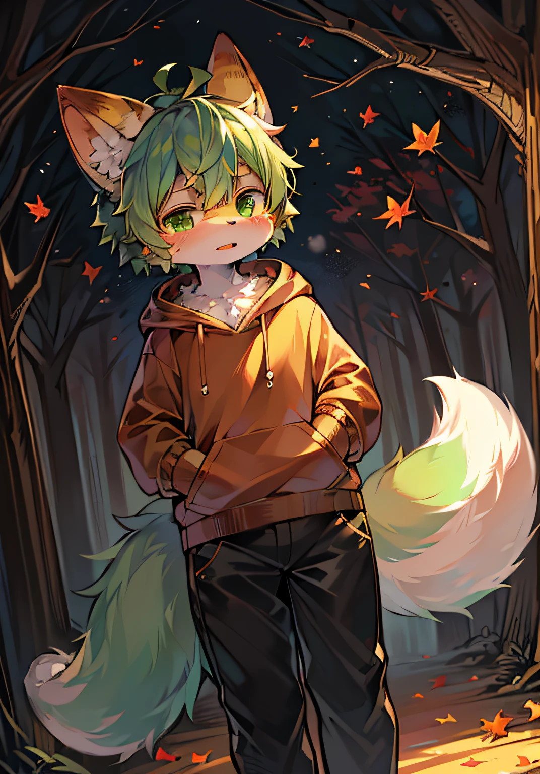 (ambiente dark:0.8),masterpiece,high quality,abstract res,digital painting\(artwork\), by dagasi, yupa,kiyosan,(anthro,fluffy fur,character focus:1.1),anthro male cat,short hair,portrait , eyes with brightness, in a panoramic view, Character focus.(detailedbackground:0.7), 独奏, shaggy, shaggy male, malefocus, anthr,(Full Body Furry, Fluffy tail, Yellow fur, Green eyes, Green hair:1.2), (long canines、Light hoodie:1.2),(external、eventide、Autumn forest、falling leaf:1.1)