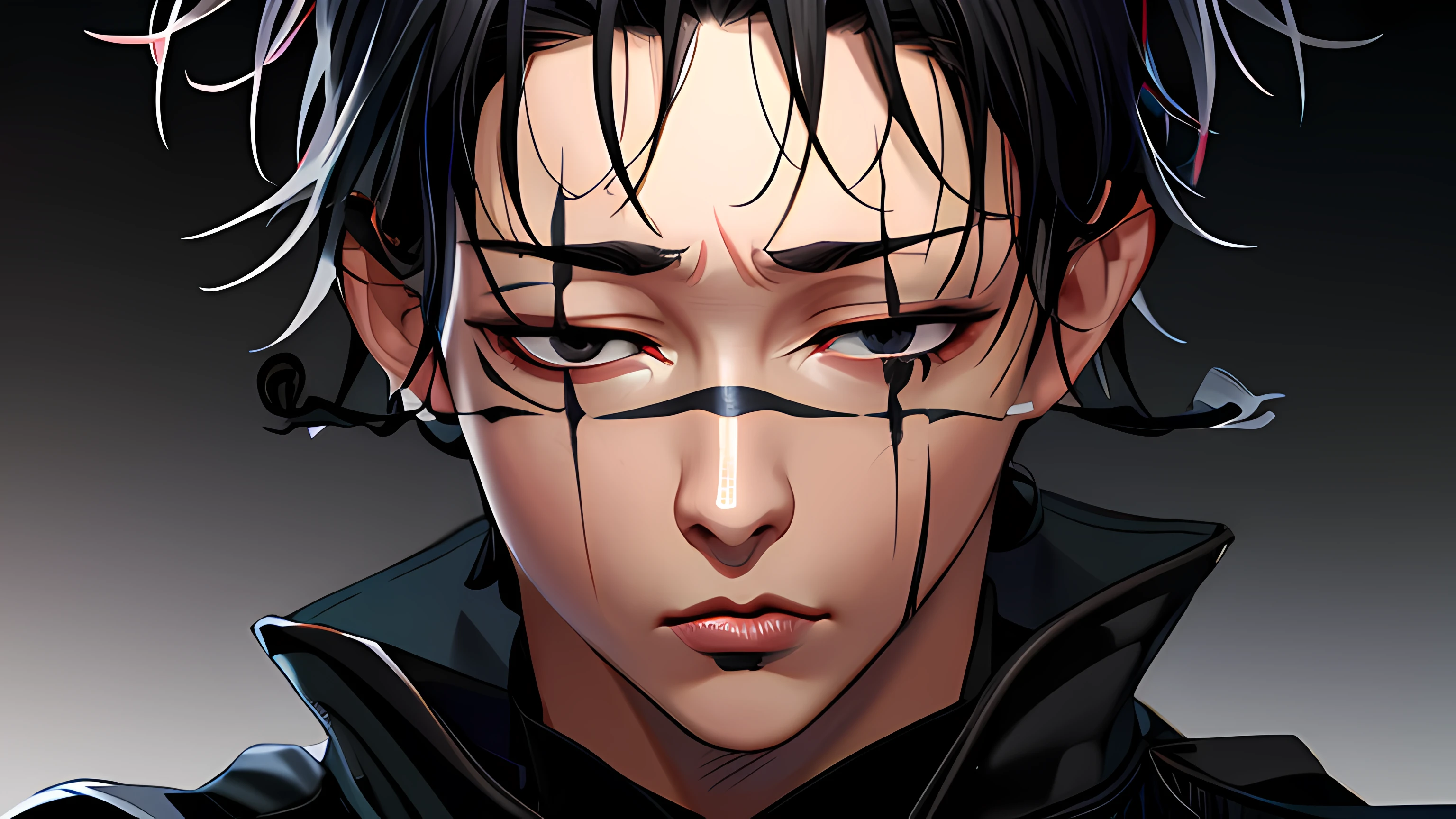 realistic anime artstyle, hair detailed, oil paint, choso, jujutsu kaisen, black hair, detailed eye, detailed nose, realistic, black eye, realistic, detailed black eye