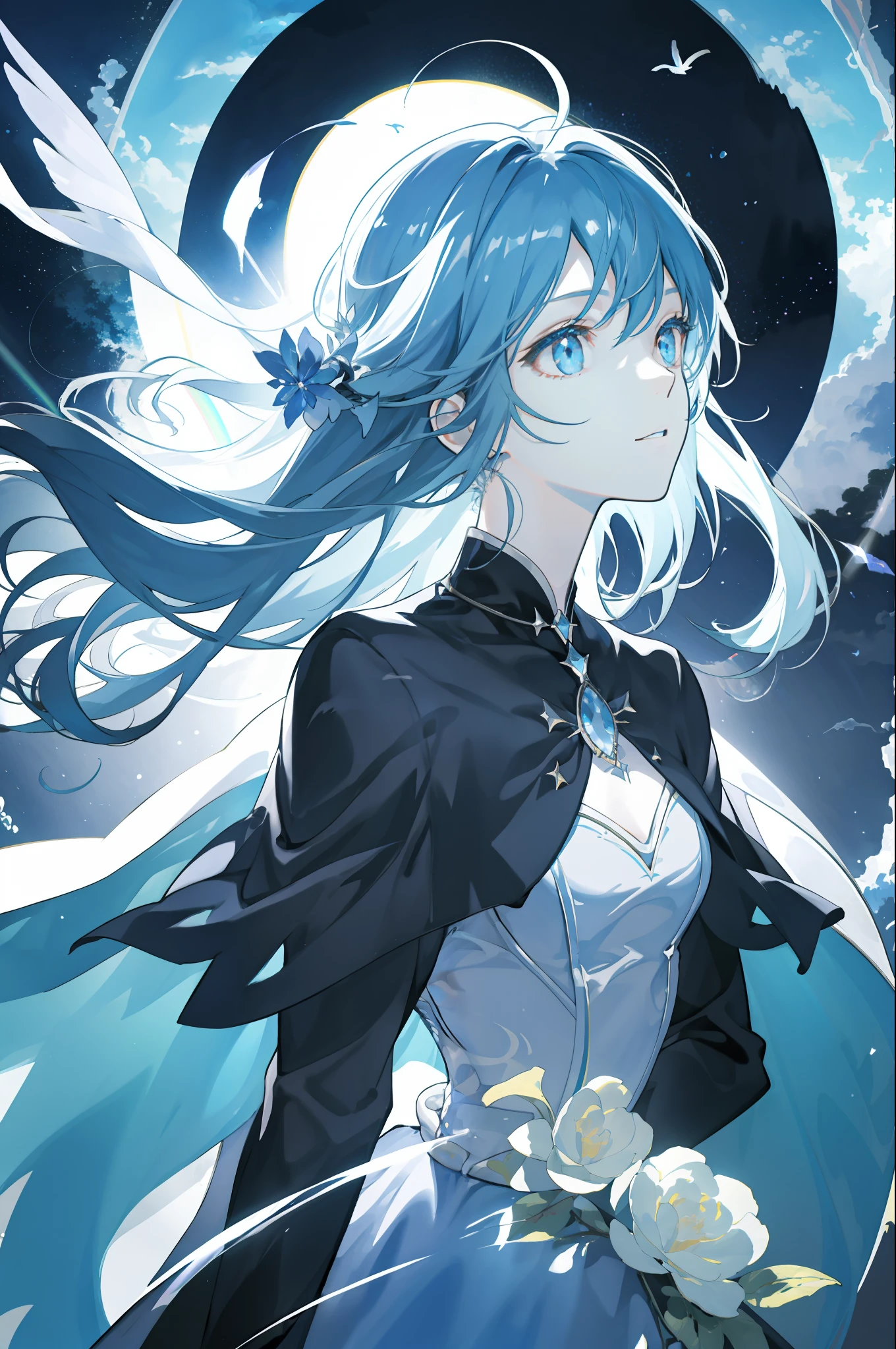 tmasterpiece、Need、teens girl、AS-Adult、A MILF、Blue witch dress、dark themes、Magic Array、Buble、rainbow Sunlight、under the water、Reflected mirror、floating piece of Glass、Rainbow light、Bubble Swirling、Wind swirl、extreme light、Fantastic landscape, Starlight around the character, (The upper part of the body)