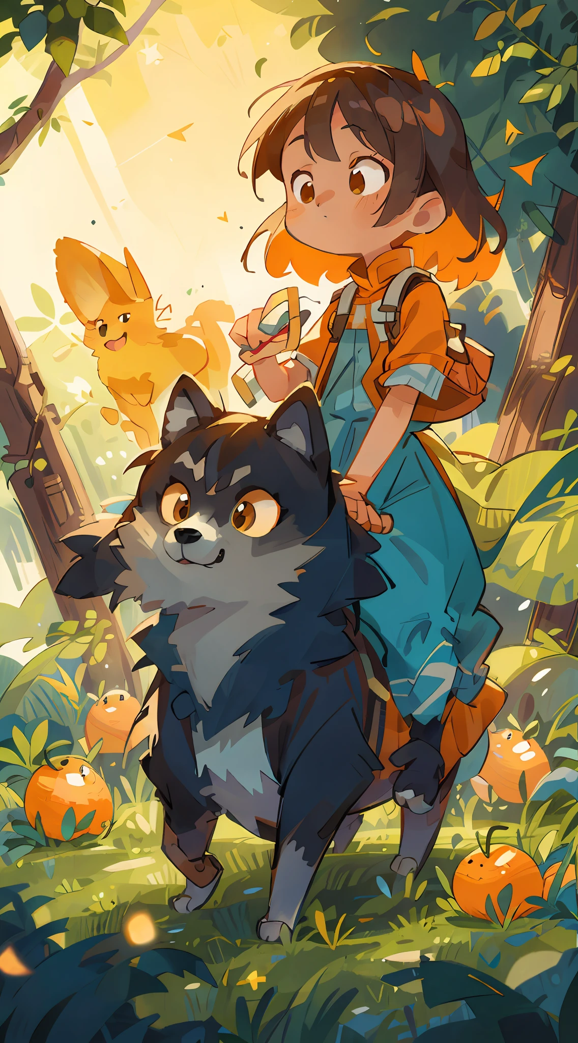 in botanical garden，A cute girl rides on the back of an orange Shiba Inu，cavalier，the night，Starry，There are a few fireflies next to it，Refine details，Orange fruit，the elf