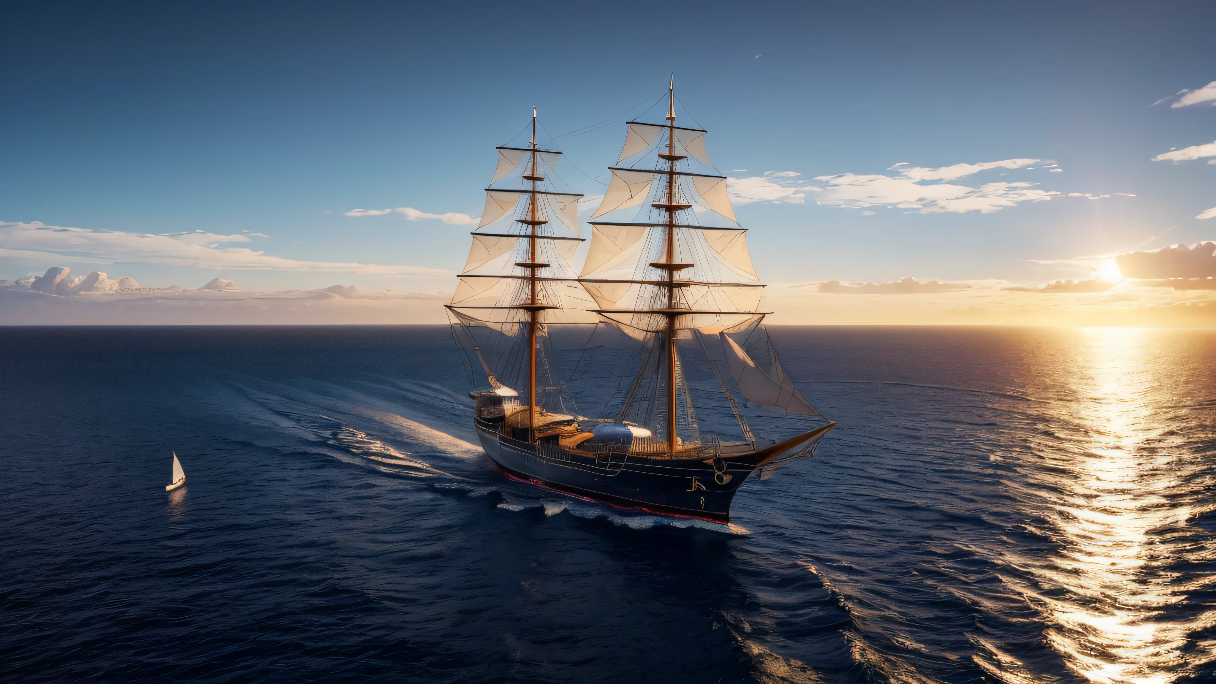 (extremely detailed CG unity 8k wallpaper, masterpiece, best quality, ultra-detailed), (best illumination, best shadow, an extremely delicate and beautiful), (realistic photo), (big gloden sailing ship floating on the sea), (dramatic lighting), (beautiful sunny day), (peaceful and relaxing atmosphere)