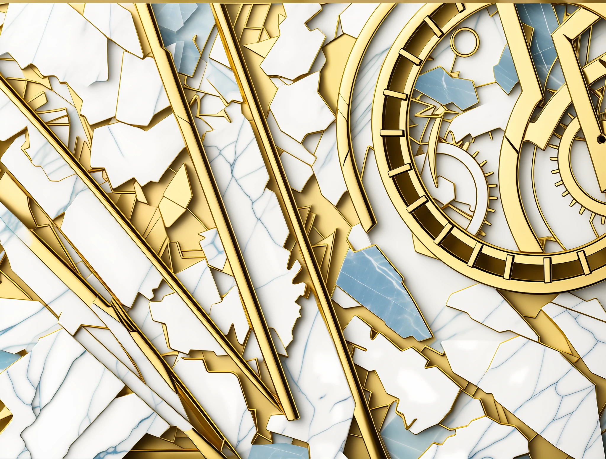 White marble monolithic material,There are blue cracks in the marble,There are large blue crystalline crystals on the cracks。Add a large white marble gear clock with a gold pattern to the bottom half of the picture, With a gold pattern,Add milky white to the gold base,Make the picture harmonious, Reduce gold wire,Create promotional images
