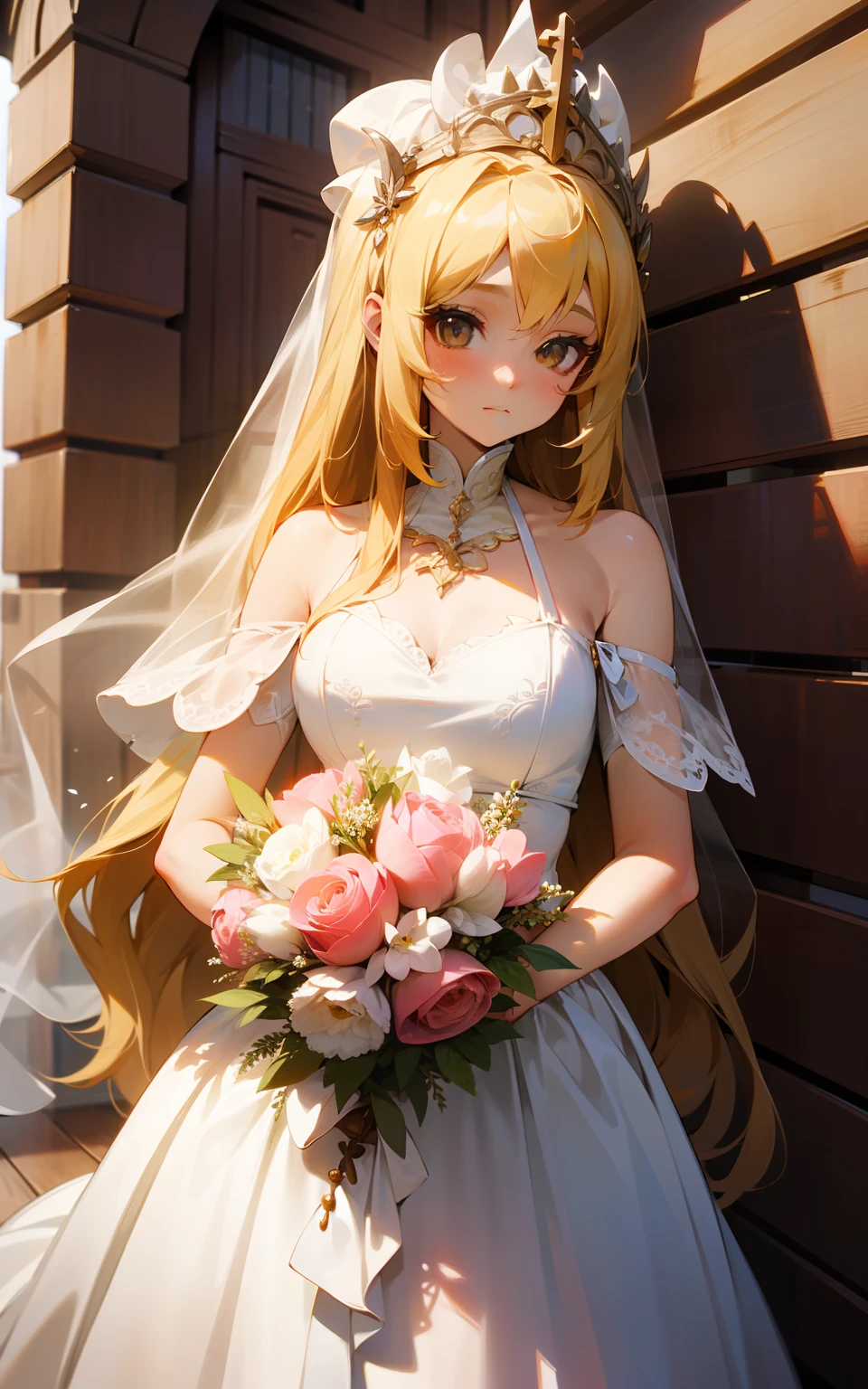 top-quality、hight resolution、detaileds, Desert People、Beautiful girl in wedding dress、de pele branca、Fantasy worldview、Blonde long hair、Sauce order、Majestic wooden church、