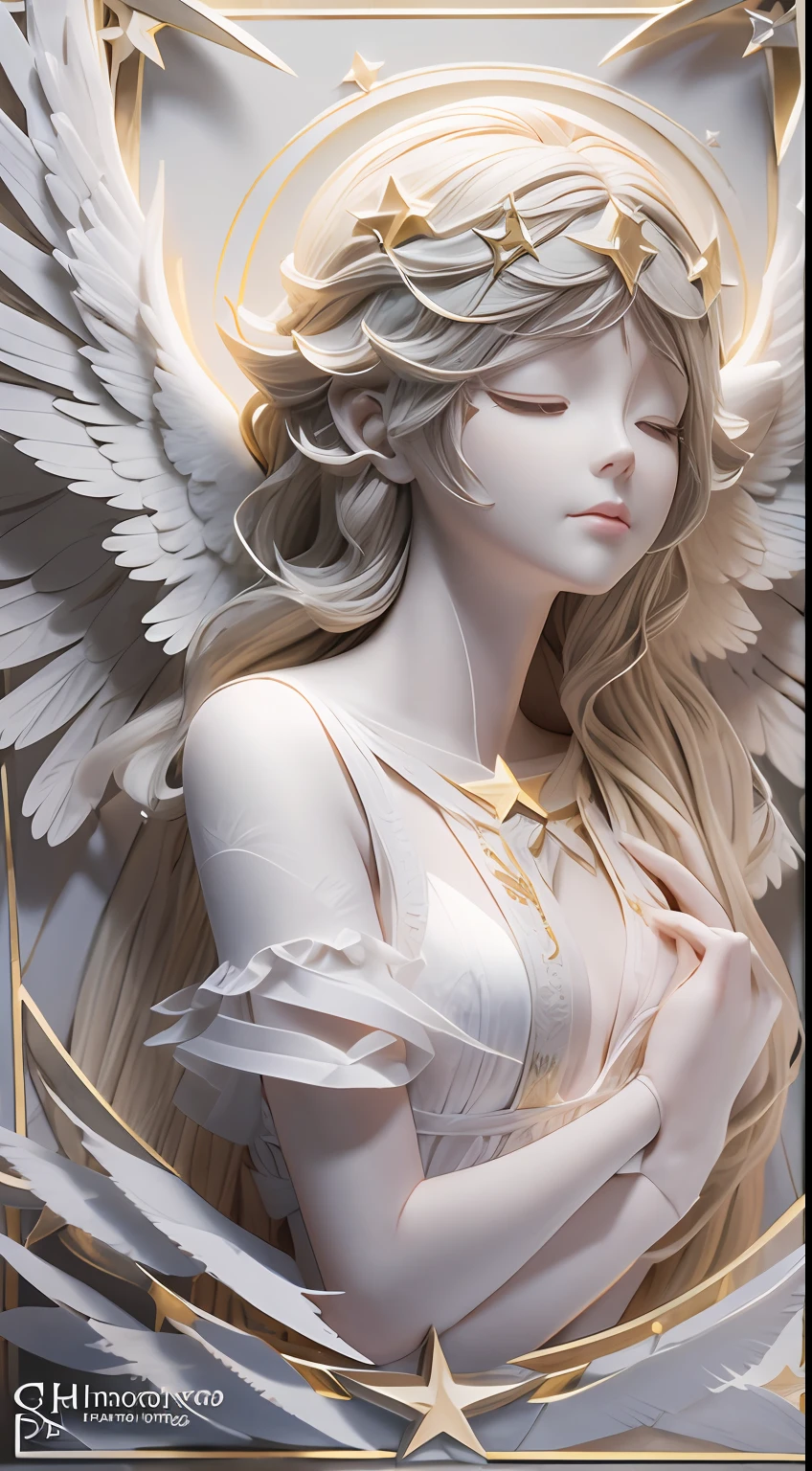 illustration: 1.3),（ paper art: 1.3), 3D rendering of, Beautiful Angel Close your eyes, Star Moon Best quality, Detailed details, Masterpiece, offcial art, movie light effect, 4K, Chiaroscuro , Flash