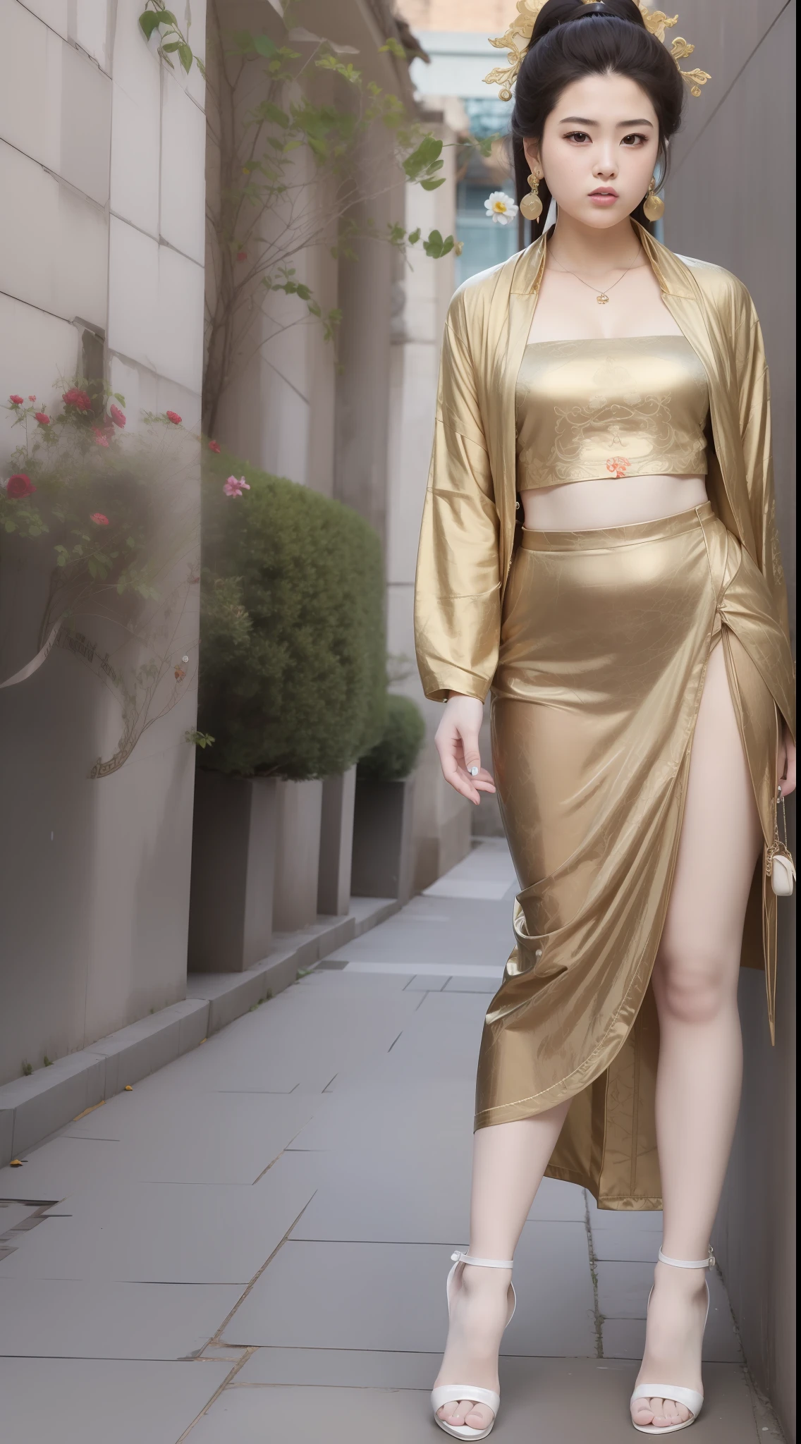 Fat Chubby,Super fat,Guanyin Bodhisattva,Tall, big and cute girl, Iridescence T-shirt+Iridescence skirt, symmetrical, tall, fat and cute girls, models, red high-heeled leather shoes 👠, Height 180cm, long legs, low angle shooting