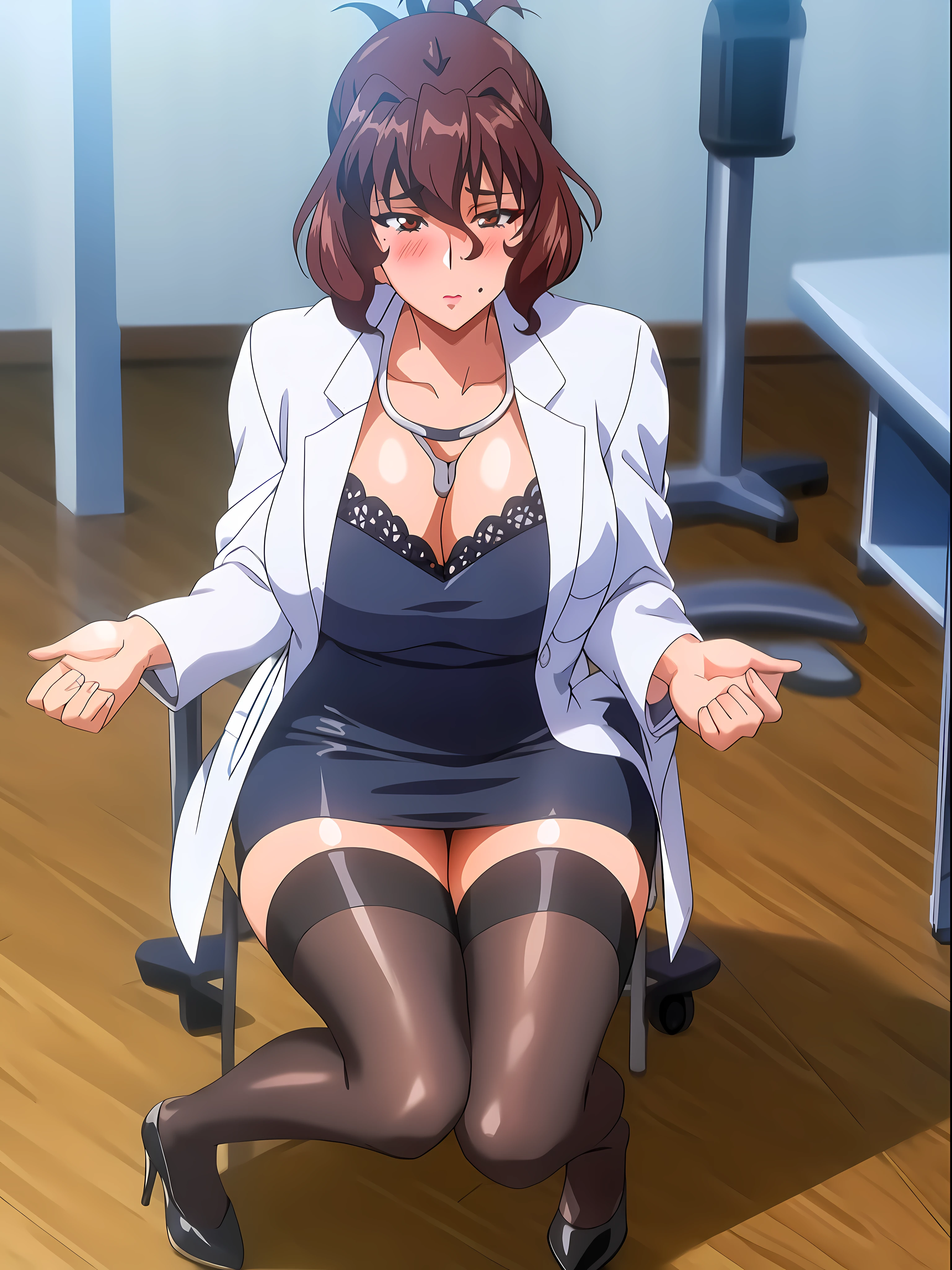 (beautiful hand:1.2), (masterpiece, best quality:1.3), Aiko Katsuragi, mature female, (full body shot:1.05), milf, (curvy:0.9), 1girl, anime face, sitting on chair, doctor, labcoat, stethoscope, short pencil skirt, (thighhighs:1.05), highheels, makeup, large breasts, lipstick, brown eyes, folded ponytail, brown hair, cleavage, perfect body, (athletic body:1.3), perfect eyes, anime eyes, smoky eyeliner, eyeshadow, perfect face, caring face, glance, blush, high sharpness, sharp focus, medical room, professional artwork, intricate details, vivid colors, Diffused lighting, digital blending, ultra detailed body, ultra detail hair, ultra detail face, trending on pixiv