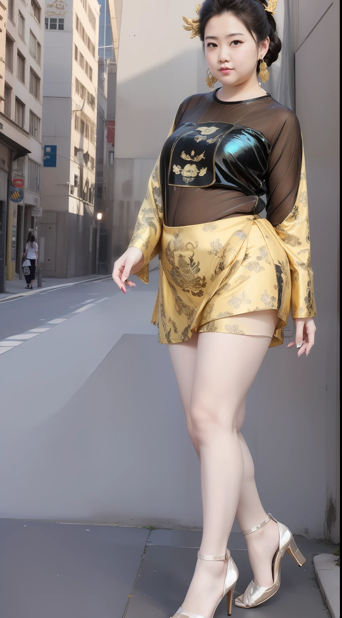 Fat Chubby,Super fat，Guanyin Bodhisattva，Tall, big and cute girl, Iridescence T-shirt+Iridescence skirt, symmetrical, tall, fat and cute girls, models, red high-heeled leather shoes 👠， Height 180cm, long legs, low angle shooting