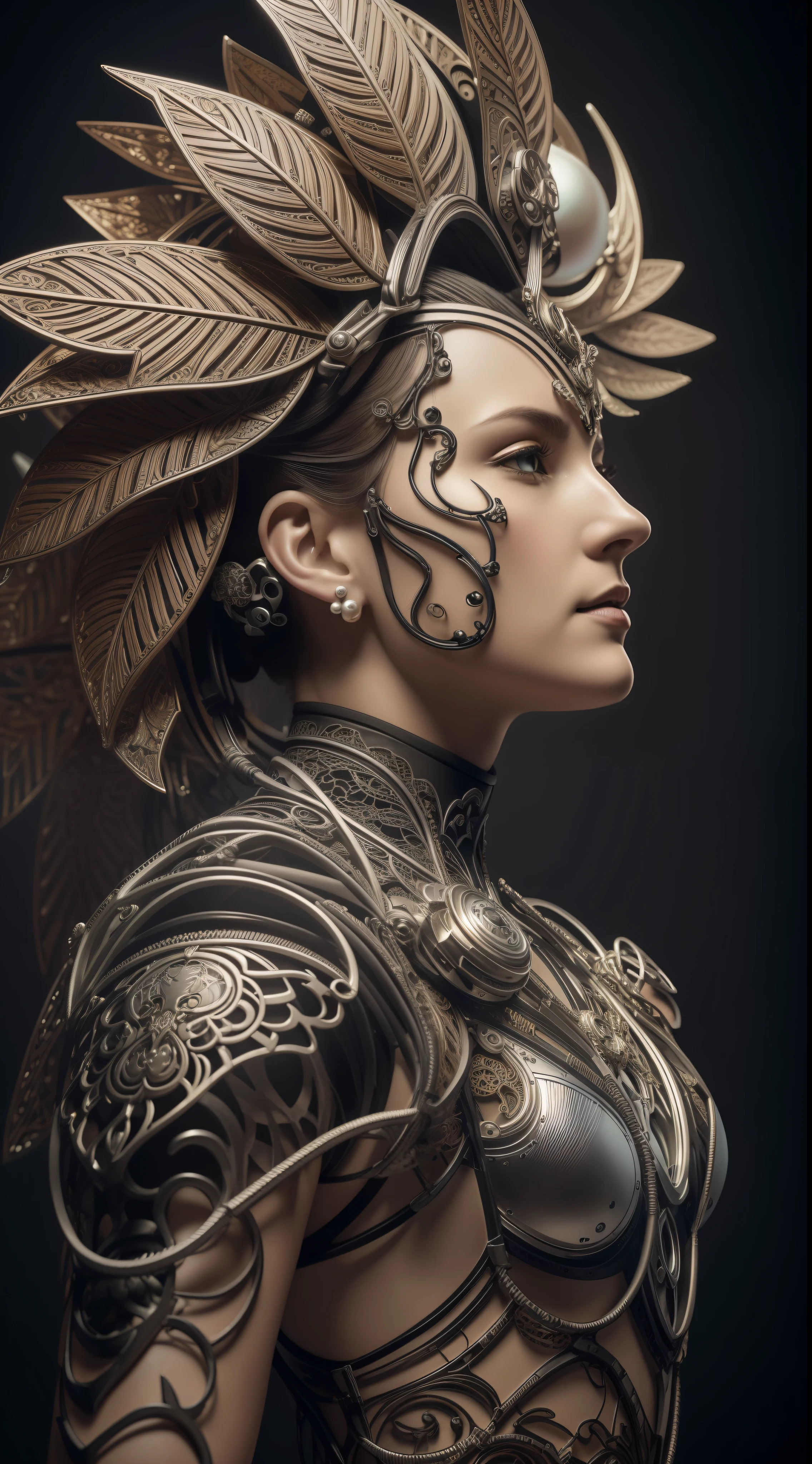Nousr Robot, sophisticated 3D rendering with ultra-detail of the beautiful angel of death, biomechanical cyborg, analog, 150mm lens, Beautiful natural soft light around the edges, large leaves and stems, roots, fine foliage lace, colorful details, samurai, Costume by Boris Bijan Saberi, pearl earring, piercing, Art Nouveau embroidery, intricate details, mesh wire, mandelbrot fractal, anatomical, facial muscles, cable wires, microchip, bully, A hyper-realistic, Ultra-detailed, Octane rendering, voluminous lighting, 8k post-production, red and white with a hint of black, Detailed metal bones, half-human, iridescent colors, Glenn Brown style, The White Room, The Power of God, foreshortening, Difficult poses