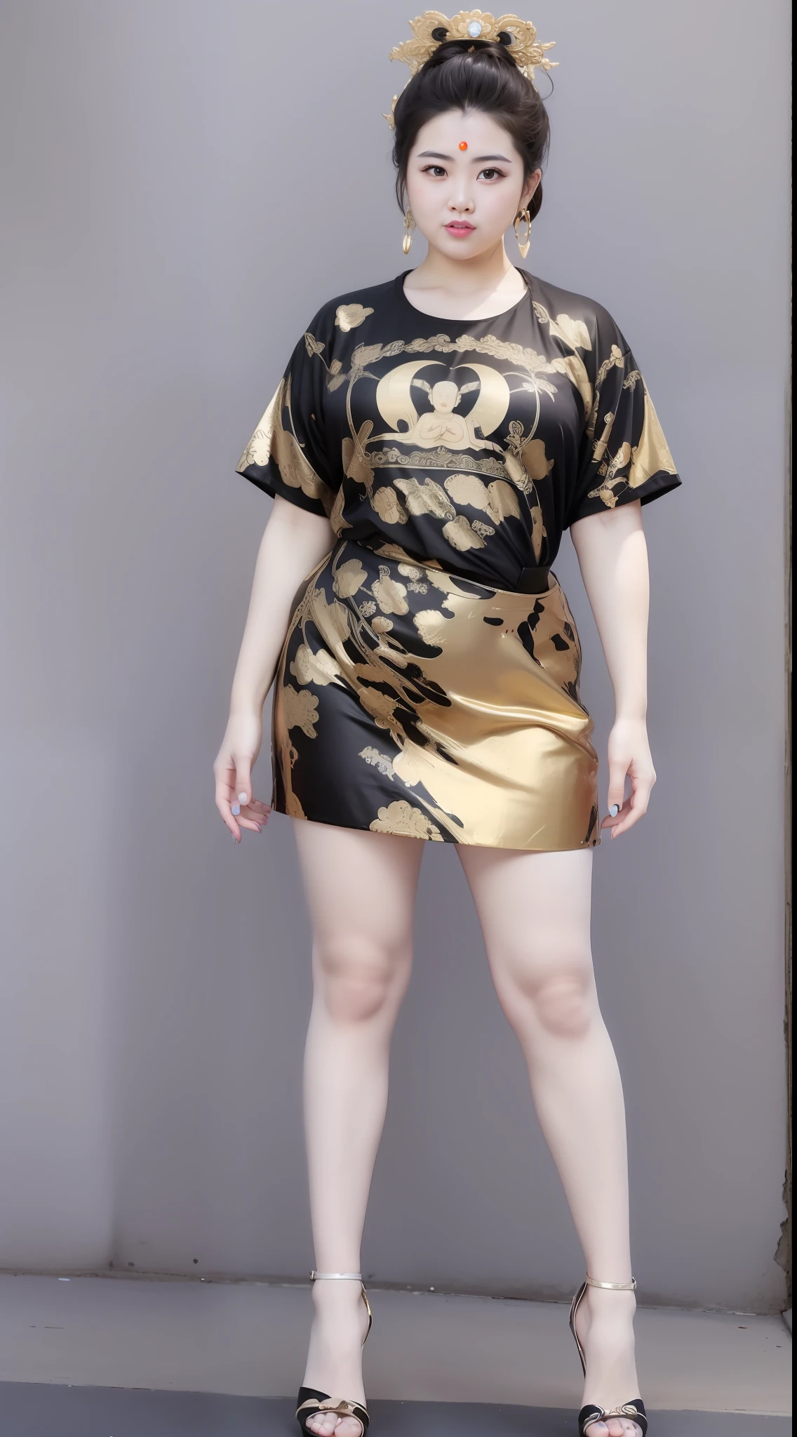 Fat Chubby,Super fat,Guanyin Bodhisattva,Tall, big and cute girl, Iridescence T-shirt+Iridescence skirt, symmetrical, tall, fat and cute girls, models, red high-heeled leather shoes 👠, Height 180cm, long legs, low angle shooting