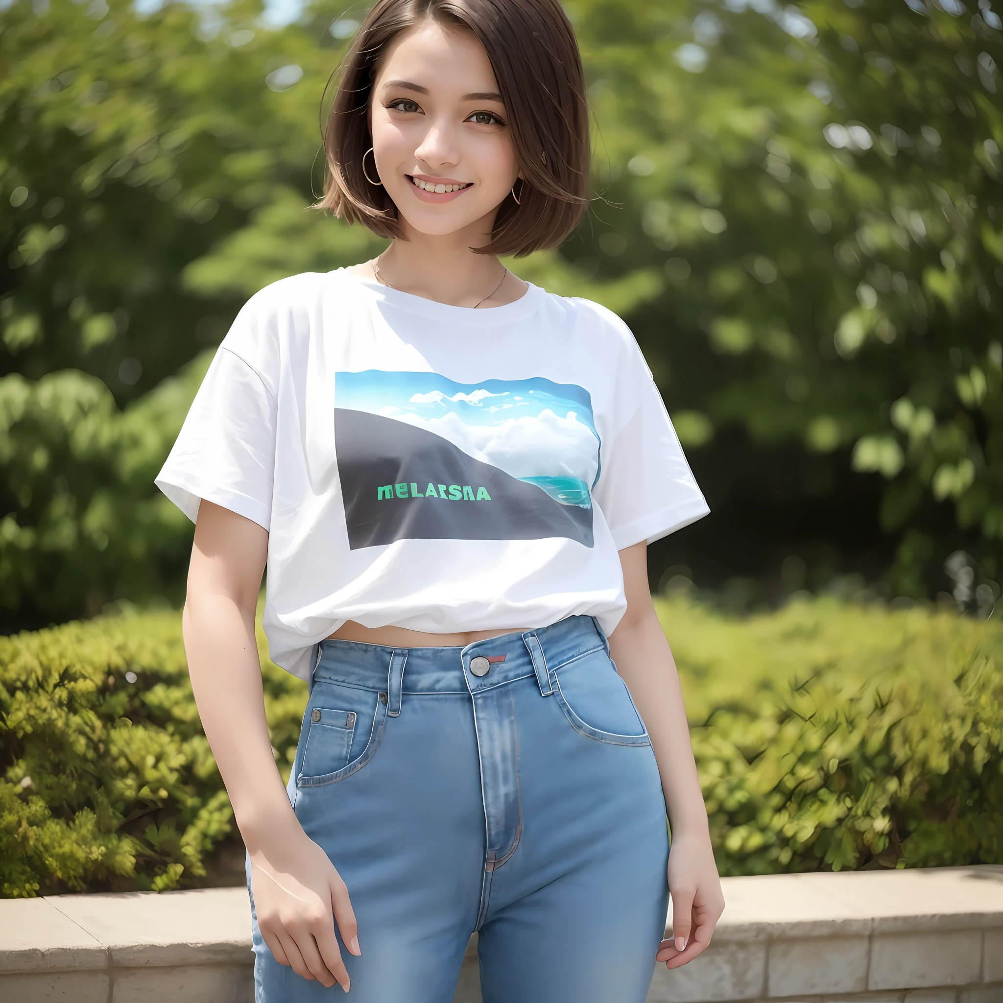 (8k, melhor qualidade, imagem real:1.2), (realista, fotorrealista:1.37), ultra-detalhado, 1 garota senta num lindo jardim, denim trousers, olhos verde, blusa branca, beautiful detailed sky, (sorriso lindo:1.15), (boca fechada) seios pequenos, (cabelo longos:1.2)