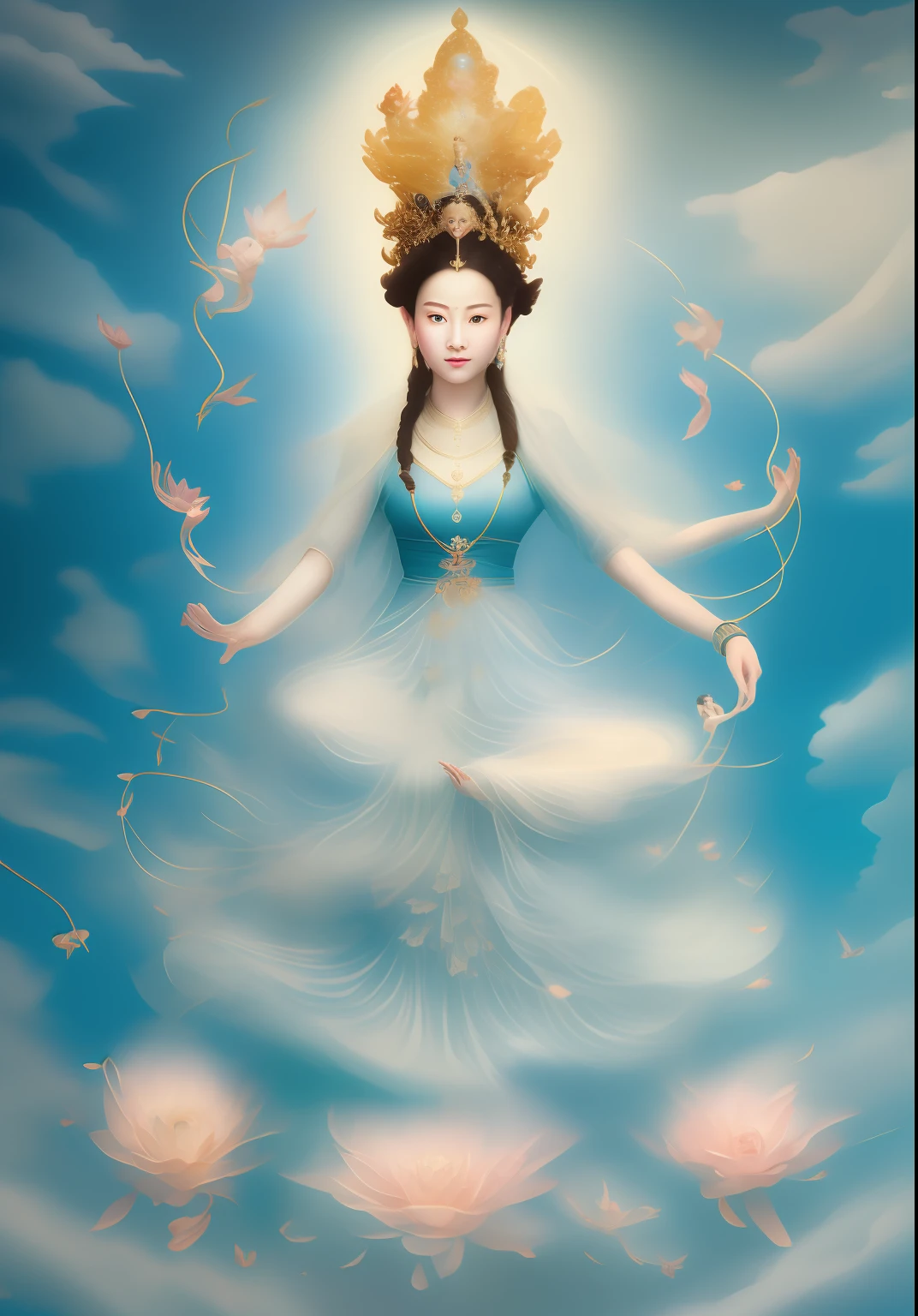 tmasterpiece，超高分辨率，A beautiful woman with six arms，Each arm holds a magic weapon。Sitting in a cart pulled by seven little piglets。Wear a light blue dress，The skin is delicate and white，crown，Yingluo。The background is blue sky，Elegant colors，Light and dark are clear，Extremely high detail,  full art illustration,photorealestic，professional photoshooting，