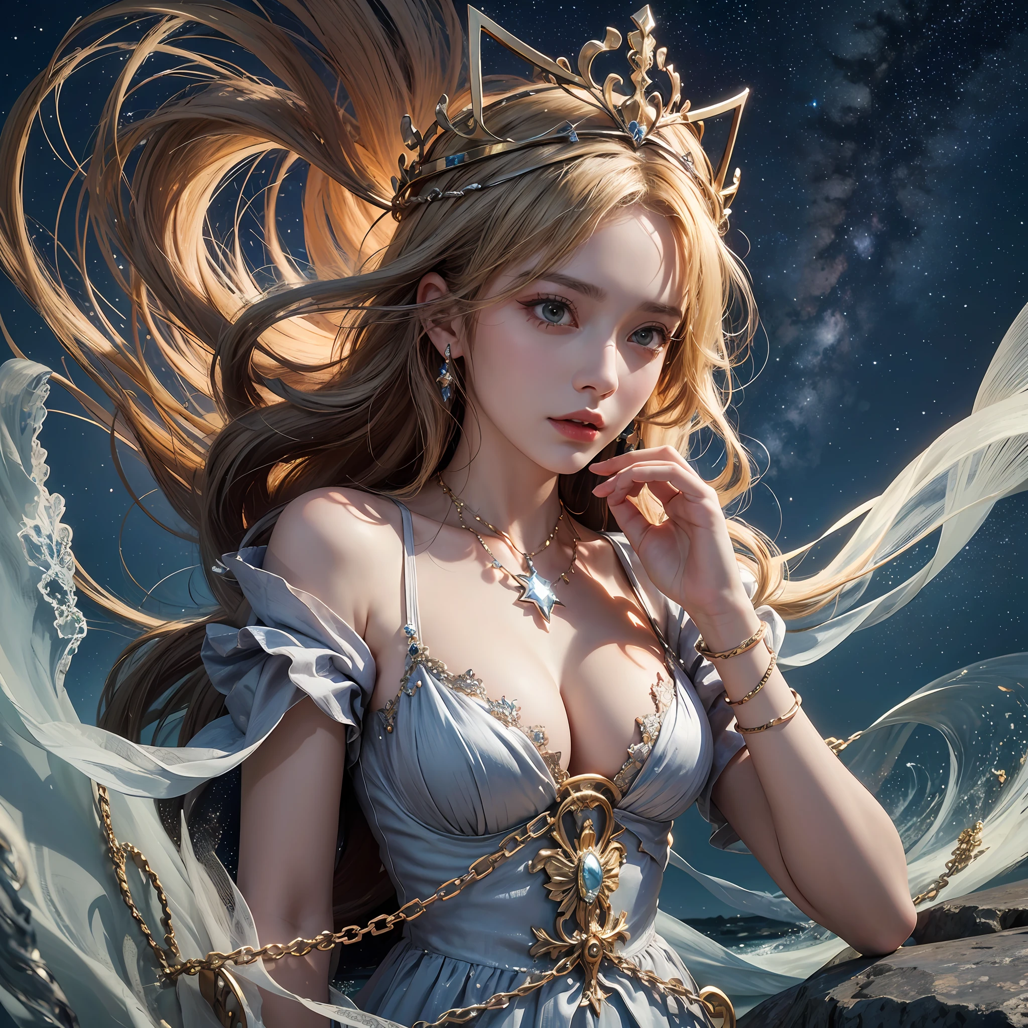 arafed, high details, best quality, 8k, [ultra detailed], masterpiece, best quality, (extremely detailed), a picture of a princess tied to a massive rock in a stormy sea (1.3 Masterpiece, intense details) with chains at night, blond hair hair, braided hair, crown (1.3 Masterpiece, intense details), white dress (1.4 Masterpiece, intense details), star light, distressed, Andromeda constellation in the background (1.4 Masterpiece, intense details), Ultra-Wide Angle, high detail, award winning, best quality, HD, 8K, 3D rendering, high details, best quality, highres, ultra wide angle, 3D rendering, [[anatomically correct]]