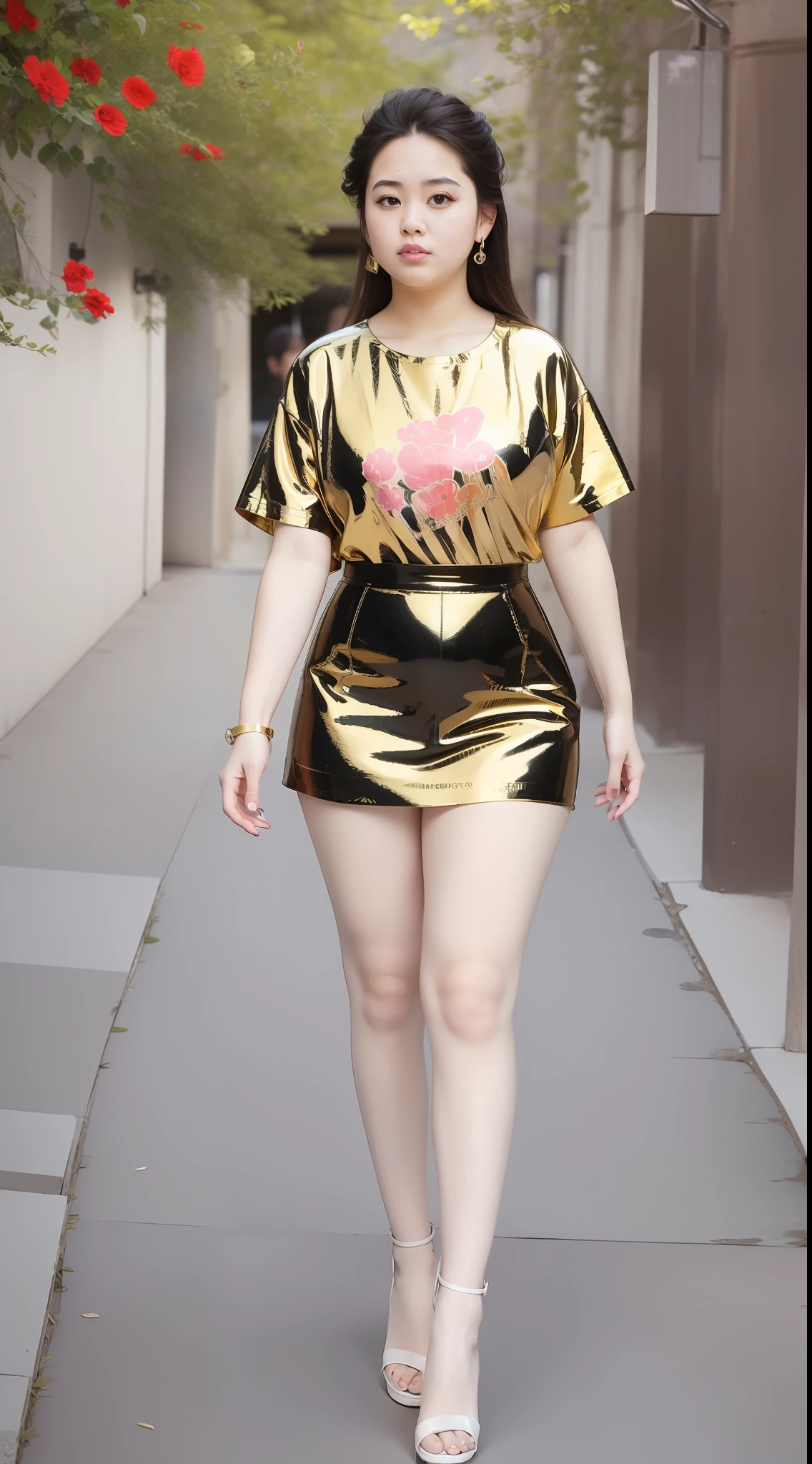 Fat Chubby,Super fat,Tall, big and cute girl, Iridescence T-shirt+Iridescence skirt, symmetrical, tall, fat and cute girls, models, red high-heeled leather shoes 👠, Height 180cm, long legs, low angle shooting