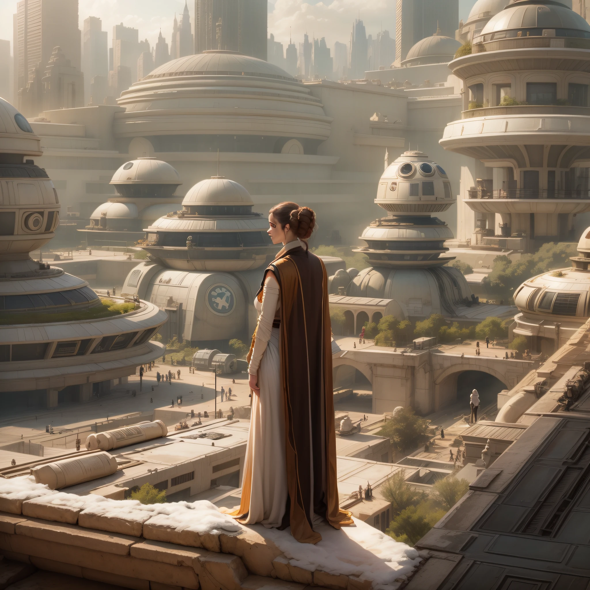 ja jar binks y la princesa leia en los majestuosos y amplios aposentos reales con gran cantidad de detalles tecnologicos y con gran terraza con gran ventanal desde donde se divisa la ciudad de coruscant con sus enormes edificios con arquitectura star wars.