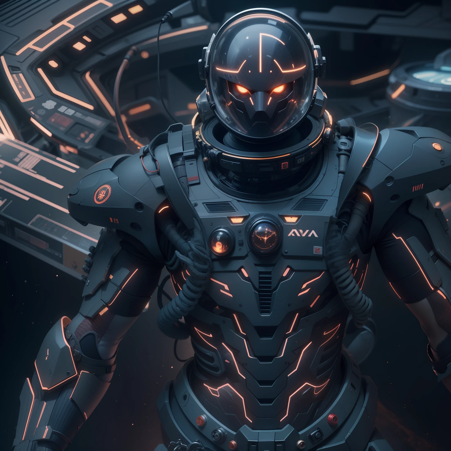 Navy space suit in dark colors that has the ribs of a living being with glowing veins across the surface. The eva on its back a mixture of carapace, technology, and electronics,(tmasterpiece),(high qulity), best qualtiy, Realiy, (Realistis), ultra-detailliert, (fulldetail), (4k),8k,