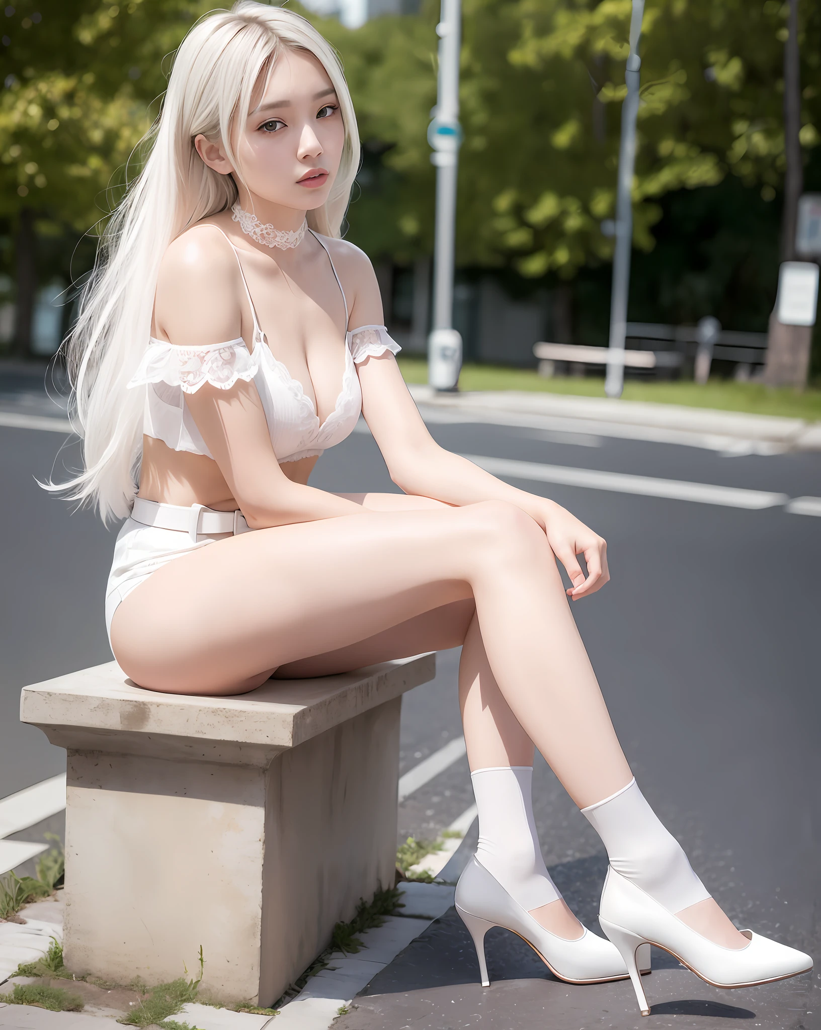 NSFW, front angle, (8k, best quality, masterpiece:1.2), (realistic, photo-realistic:1.37), ultra-detailed, 1 girl, looking at viewer, beautiful detailed sky, detailed cafe street, sitting, full_body, small head, intricate choker, pretty legs:1.2, long legs:1.2, slim legs, high heels:1.3, white socks:1.4, medium breasts, high-waist, narrow waist, off-shoulder, belt, short bottoms, beautiful detailed eyes, daytime, warm tone, white lace, (long hair:1.4), silver medium hair, white skin, cinematic light, street light, (tea table:1), (hand bag:1), ulzzang-6500-v1.1:0.66,