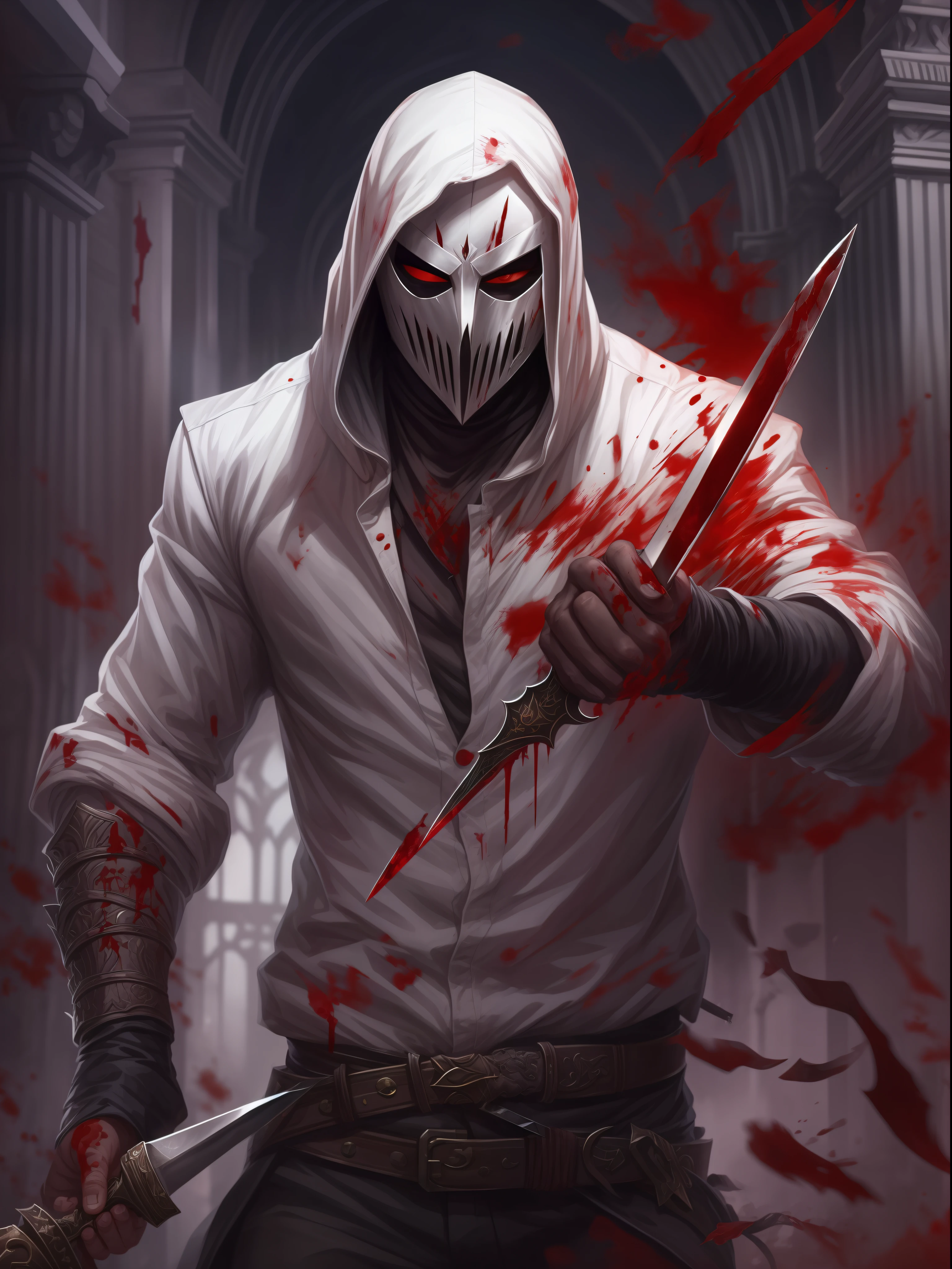 A vicious killer with a white mask, holding a blood-stained dagger and a menacing expression behind the mask, high detail, (sfw),8K, wallpaper,fantasy art