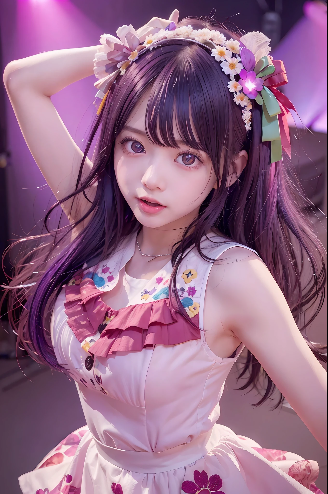 1人、full bodyesbian、cowboy shot、(Rembrandt)、illustratio、(masterpiece)、(top-quality)、(ultra-detailliert)、finely detail、(depth of fields)、Hinoai、gloves、tongue-out、tongue、length hair、star \ (Symbols\)、Looking at the camera、(Purple hair:1.2)、Purple eye、The upper part of the body、hair adornments、:p、frilld、Pink Shirt、a smile、sleeveless、The shirt、idol、Symbol Eye、pulling the hands up、bangss、One Side Up、star-shaped pupils、Raise your arms、Pull the dress、Roaring 20s、isometric、From above、Skysky、florals、stage、spot light