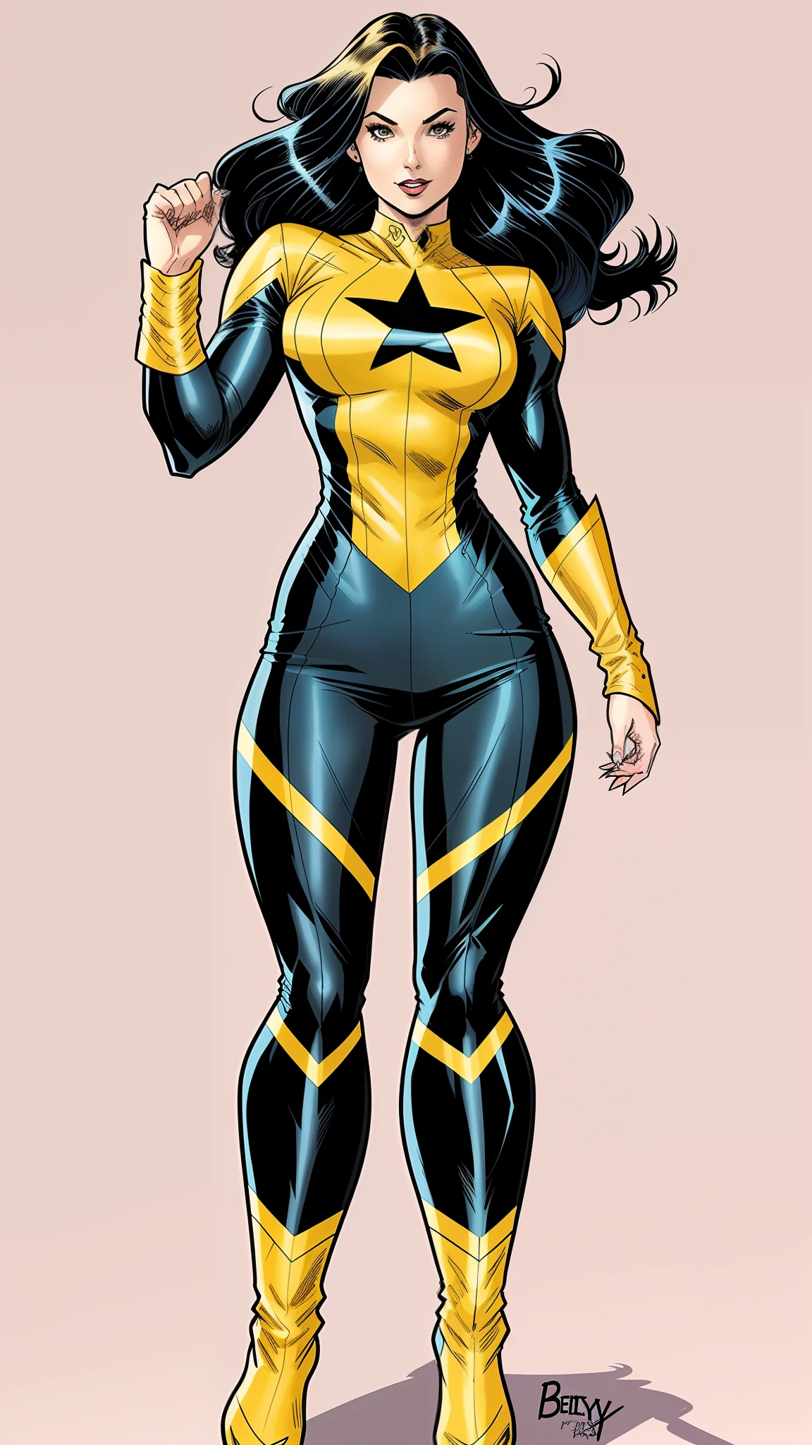 a cartoon of a woman in a yellow and black costume, full body portrait of jean grey, comic book character, betty cooper, yellow x-man costume, 90s comic book character design, sigma female, full body picture, jean grey, full body concept, inspired by John Romita Jr, silk spectre, female superhero proportions, new costume concept design, skinny girl, too skinny