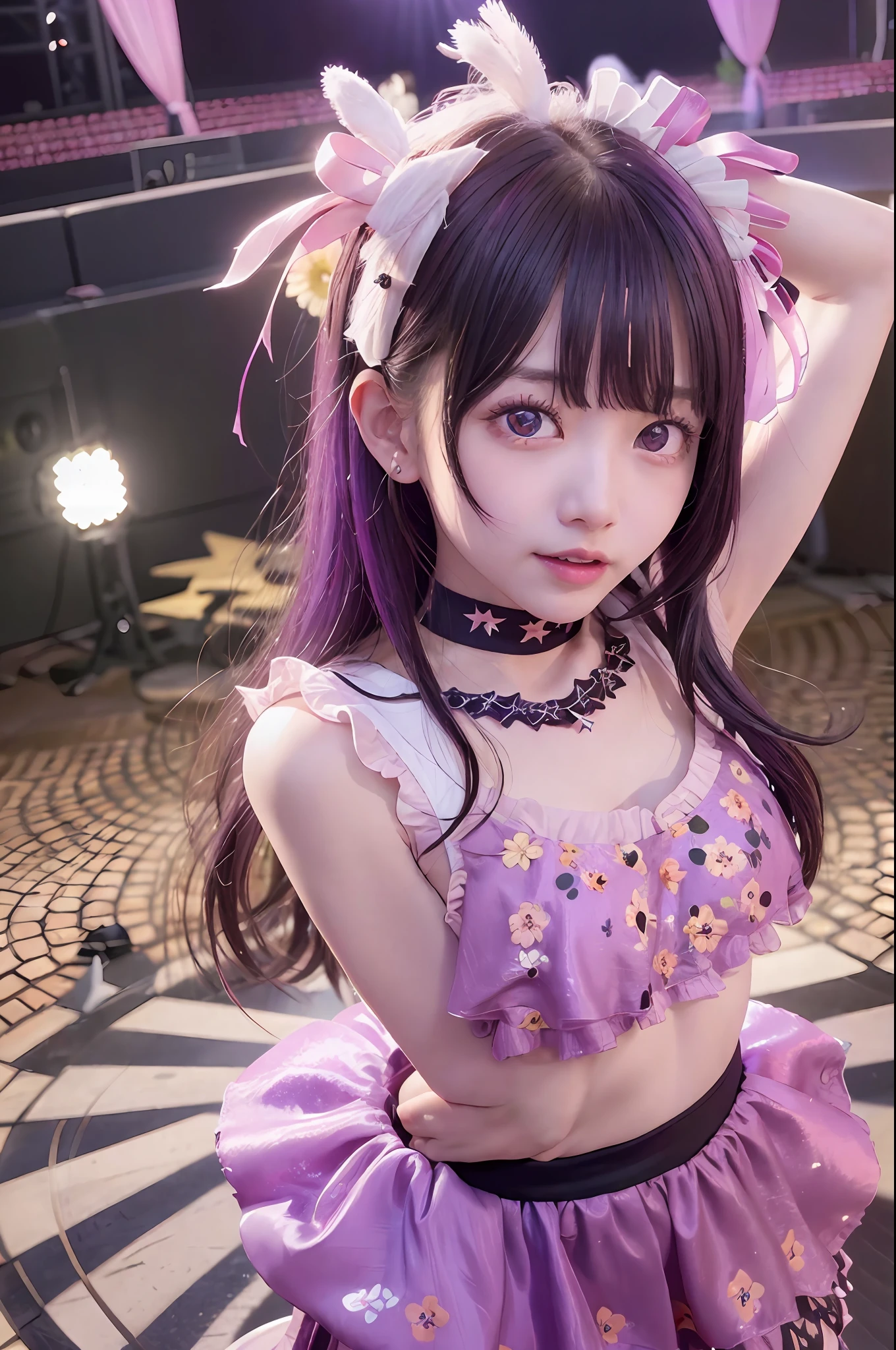 女の子1人、full bodyesbian、cowboy shot、(Rembrandt)、illustratio、(masterpiece)、(top-quality)、(ultra-detailliert)、finely detail、(depth of fields)、Hinoai、gloves、tongue-out、tongue、length hair、star \ (Symbols\)、Looking at the camera、(Purple hair:1.2)、Purple eye、The upper part of the body、hair adornments、:p、frilld、Pink Shirt、a smile、sleeveless、The shirt、idol、Symbol Eye、pulling the hands up、bangss、One Side Up、star-shaped pupils、Raise your arms、Pull the dress、Roaring 20s、isometric、From above、Skysky、florals、stage、spot light