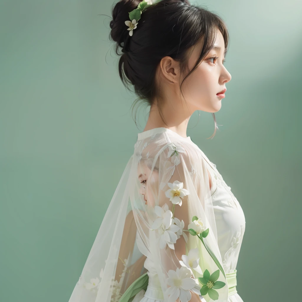 girl, solo, flower, black hair, hair bun, lotus, dress, wide sleeves, standing, single hair bun, profile, , long sleeves, full body, simple white background, hair ornament, light green dress, (best quality, masterpiece:1.2),realistic,raw photo,ultra high res,portrait,8k wallpaper, perfect artwork,