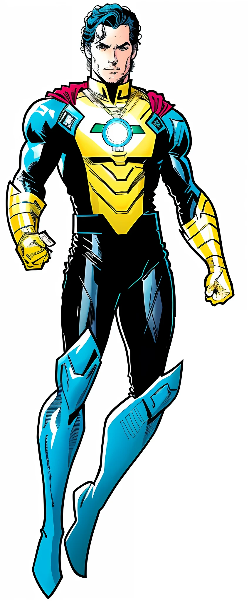 a close up of a man in a yellow and blue tech suit, yellow Avengers costume, blue and yellow green lantern, spiderman as an atlantean, phil jimenez, x-man costume, ethan van sciver, russell dauterman, peter parker as electro, x man costume, comic book character, 90s comic book character design, inspired by John Romita Jr, golden gauntlets, blue arc reactor in chest, Henry cavill as iron man, peter parker, modern and sleek design, golden gauntlets, alien technology